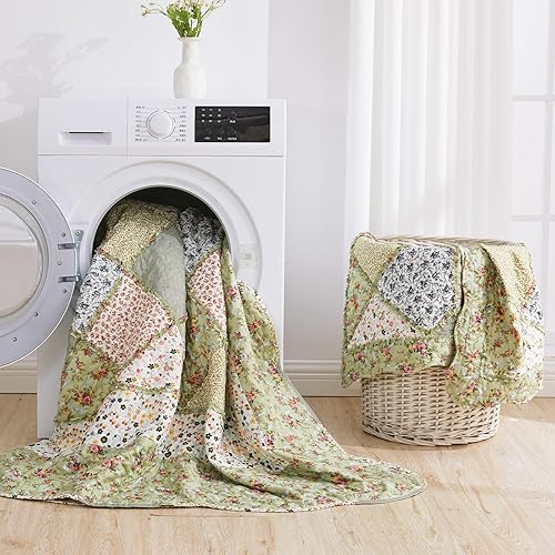 Miniatura 8 de VIVILINEN Juego de edredón de retazos florales azules, tamaño matrimonial, juego de ropa de cama de 3 piezas con 2 fundas de almohada