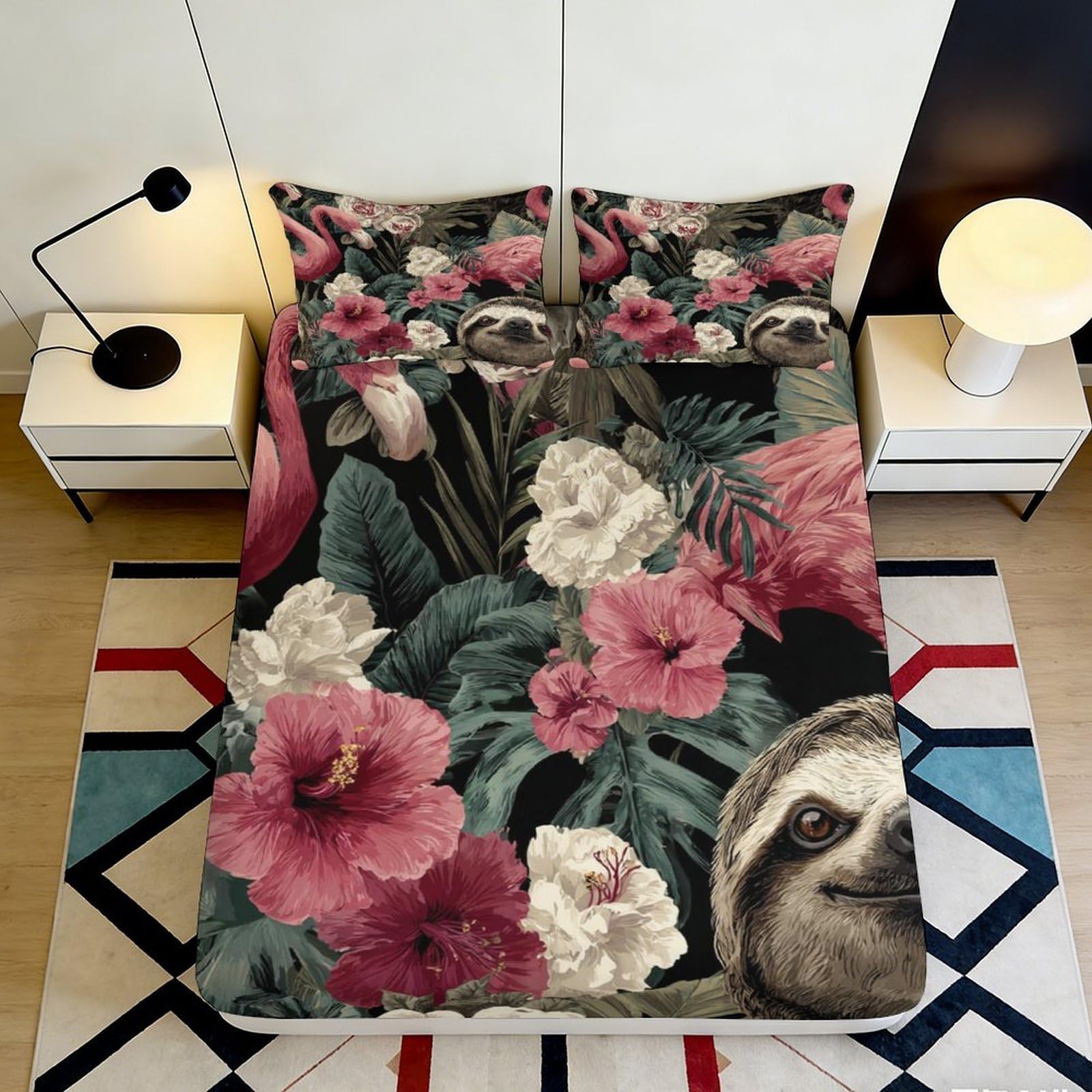 3D Printed Tropical Flamingo Fitted Sheet Microfiber Soft Breathable Floral Sloth Bed Cover for Bedroom Dormitory Guest Room Mattress Protection 200x200x25cm