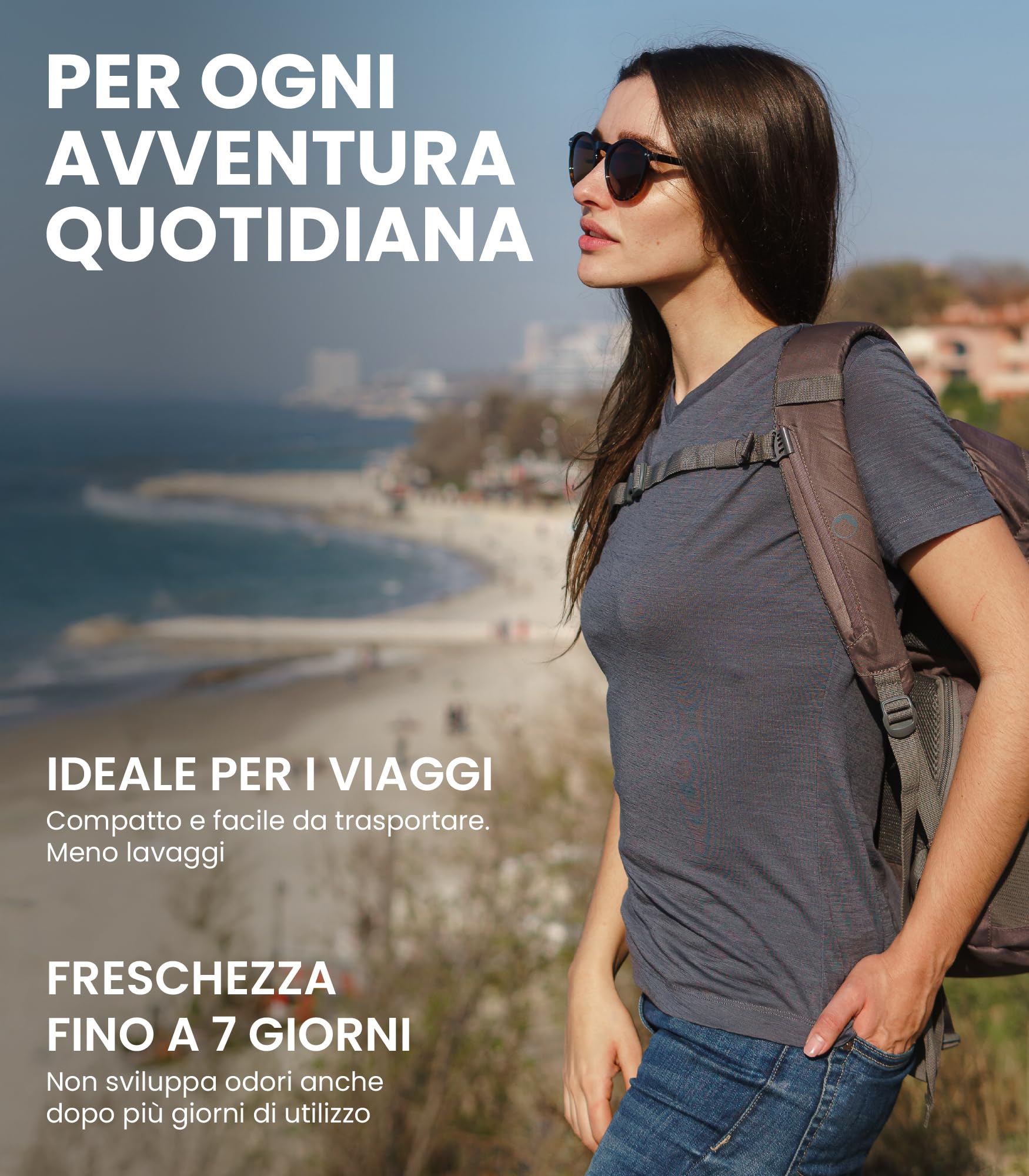 Merino.tech 100% Merino T Shirt Damen - Merinowolle Sport Wandern Thermoshirt Damen + Wandersocken (Medium, Denim V-Neck)