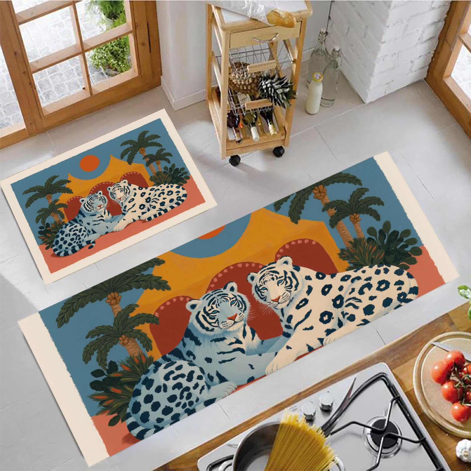 Tapis de cuisine antidérapant 2 pièces motif deux tigres et palmier 40x60 40x120 cm