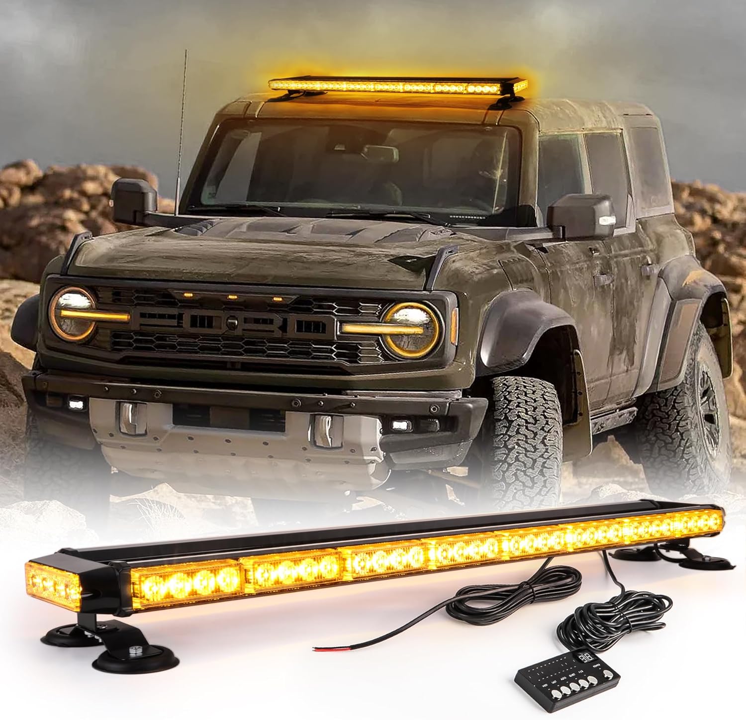 38" Amber Yellow Rooftop Beacon Warning Emergency Flashing Snow Plow Light Bar Double Side Strobe Light Traffic Advisor with Magnetic Base for Tow Work Truck Pickup (Amber/Amber)