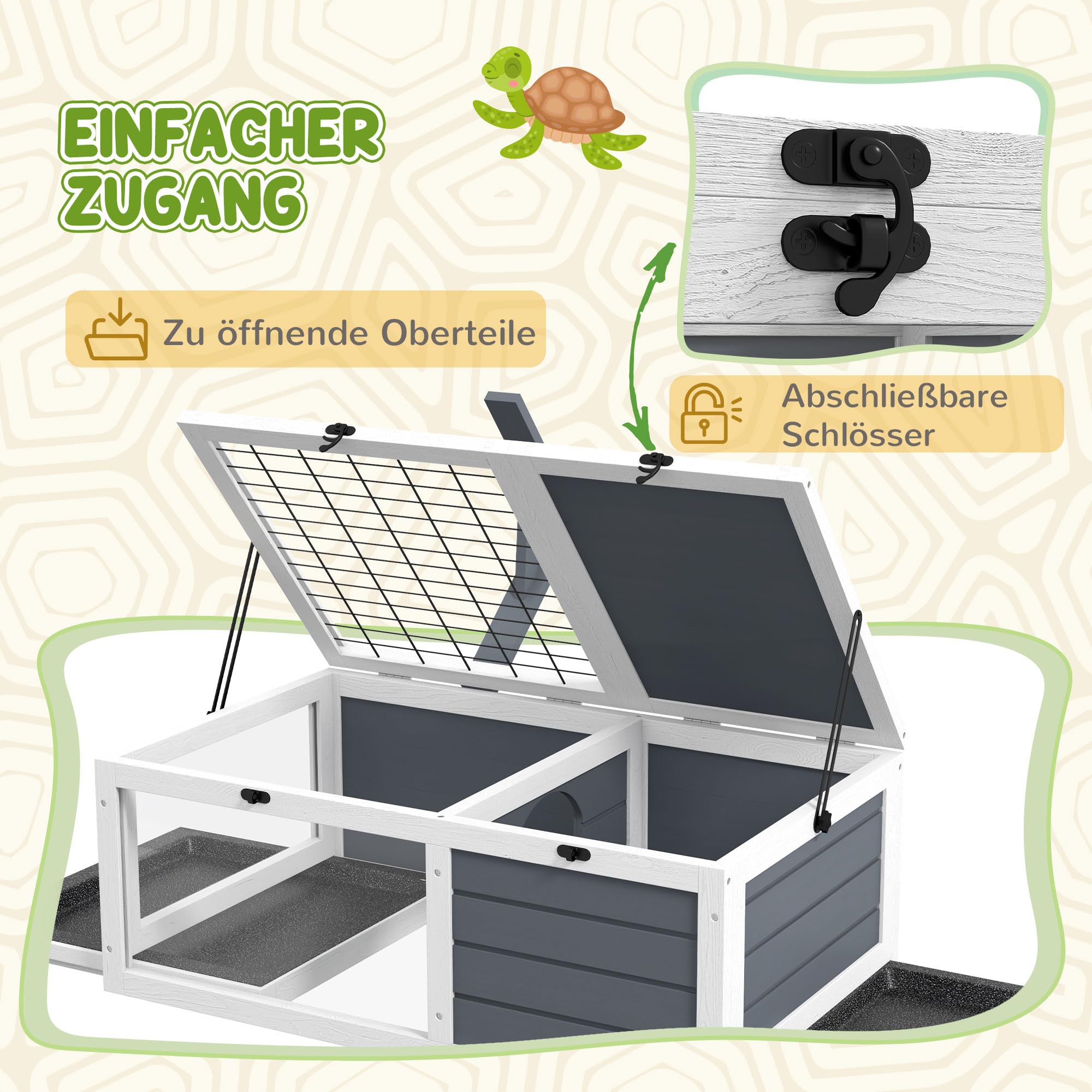 PawHut Casa per tartarughe in legno, recinto per tartarughe con casa principale, finestra di osservazione, coperchio apribile, portalampada, gabbia per rettili da esterno per tartarughe, rettili
