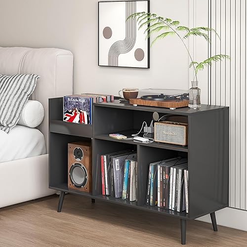 Miniatura 3 de Fiogmub Soporte grande para tocadiscos con 4 estaciones de carga de gabinete y puertos USB, soporte para tocadiscos con almacenamiento, mesa para