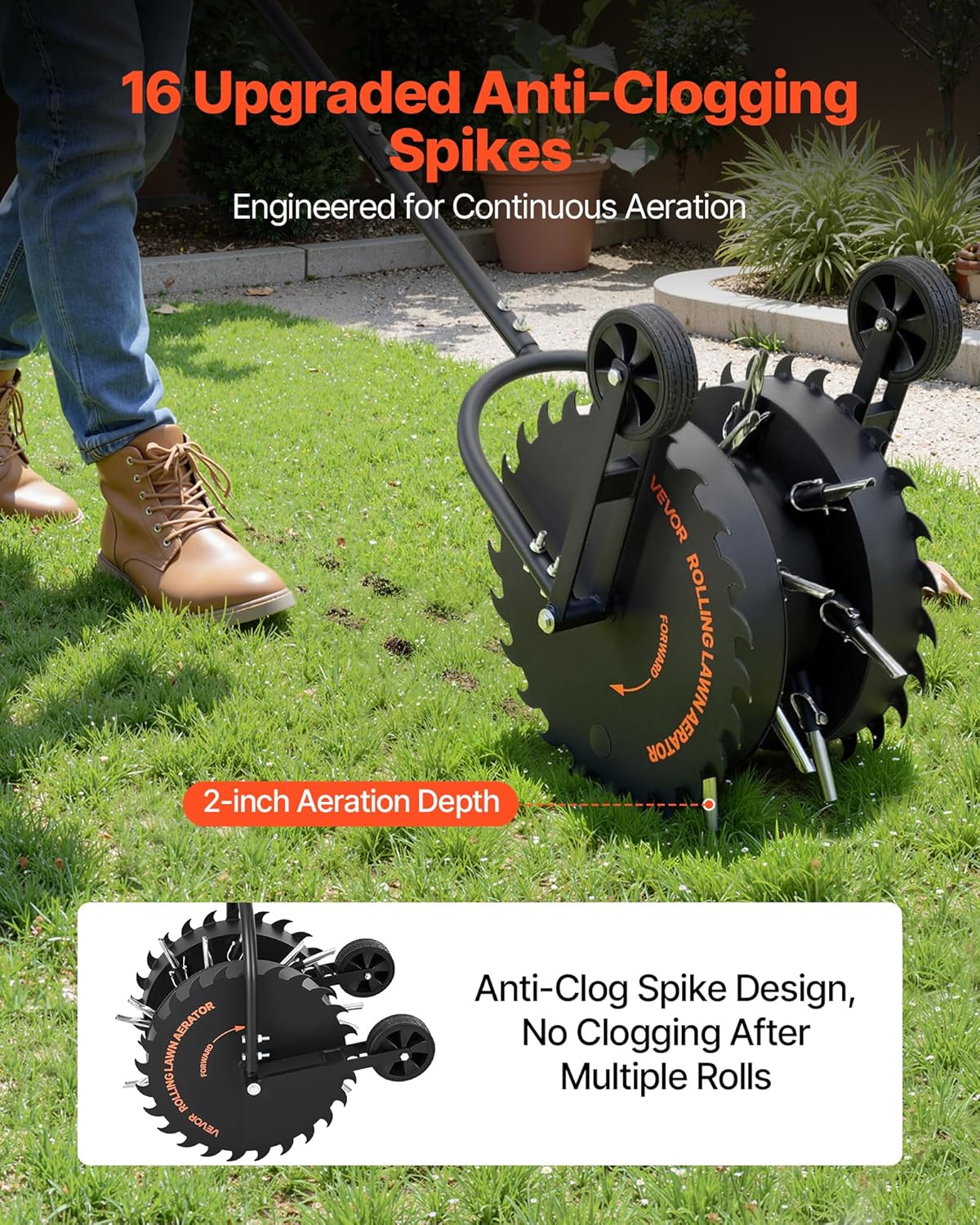 VEVOR Rolling Lawn Core Aerator, 16.6 in Coring Aerator Roller with Anti-Clog Tines, Heavy Duty & Rust-Resistant, Yard Grass Pulling Plugs Manual Aeration Tool for Compacted Garden Soil Loosening