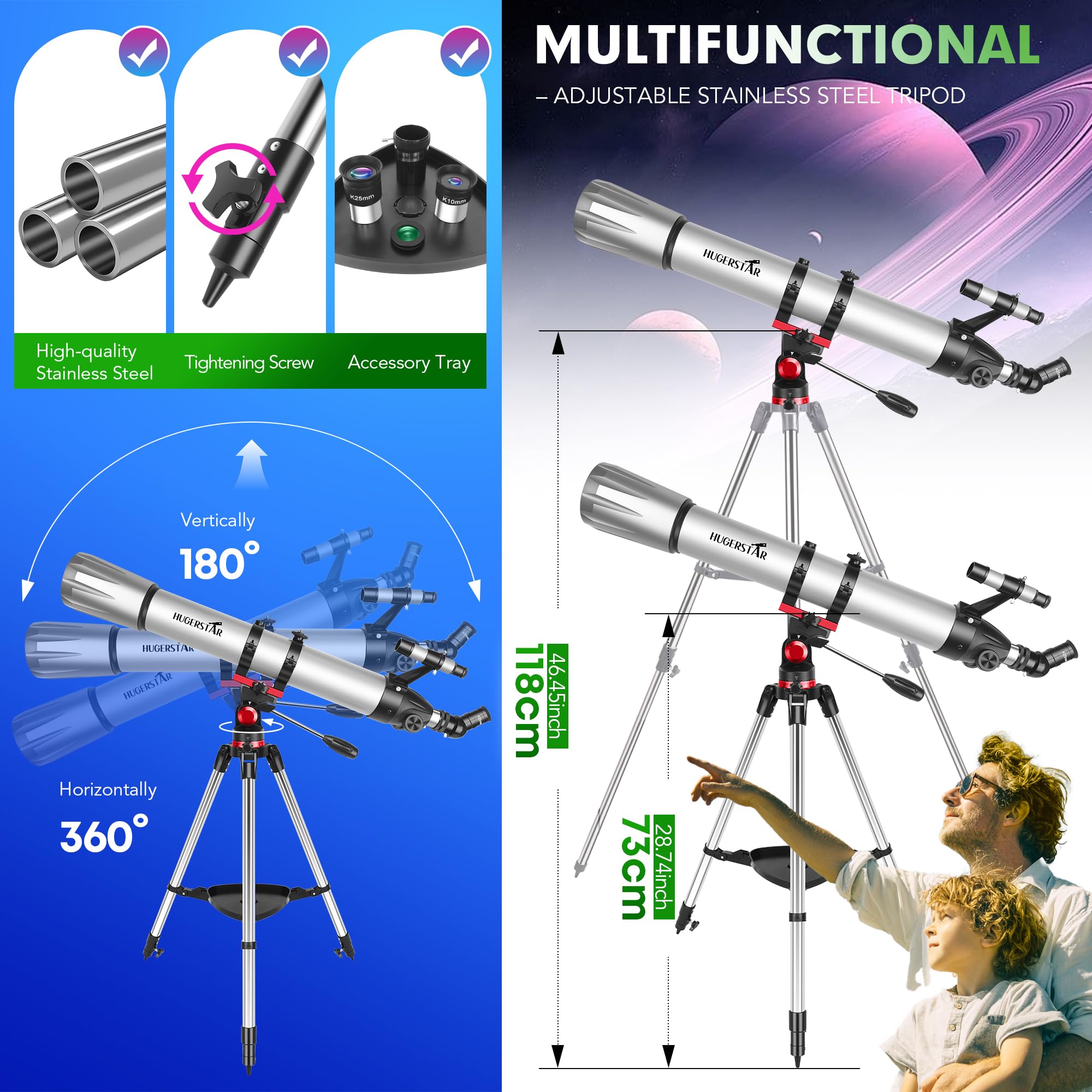 Télescope Astronomique Adulte Professionnel, 90mm Ouverture 900mm Réfracteur Portable Télescope pour Enfants et Débutants avec Trépied, Adaptateur Téléphone, Filtre Lunaire Observer la Lune