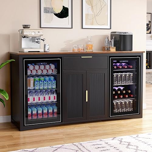 Miniatura 11 de GDLF Armario grande para barra de café con espacio para refrigerador, mini gabinete para refrigerador con almacenamiento de vino, mesa de aparador