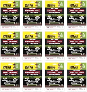 Garlic Tunnel Tubes Repels Moles, Gophers, Skunks and Other Burrowing Rodents in Yards, Gardens & Lawn Areas, 10-12 Months, Highly Concentrated Garlic Oil (120 Tubes)