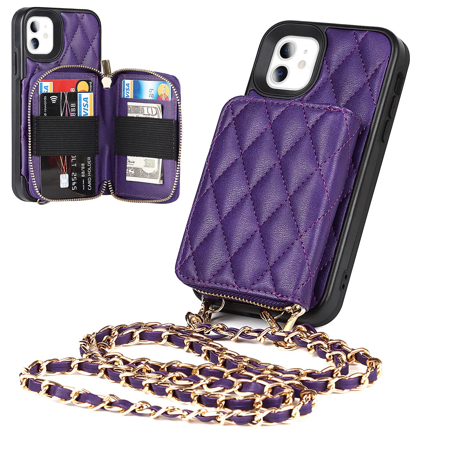 Hamany Crossbody Wallet Case for iPhone 11 6.1"- Protective case with Card Holder and Lanyard- iPhone 11 Zippered Wallet case - Faux Leather-（Purple）