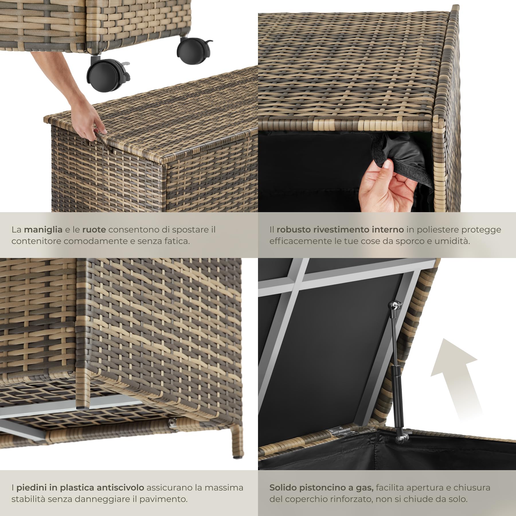tectake® Box Contenitore da Esterno, 116 x 54 x 64 cm, 253 L, Mobile da Giardino con Intreccio in Polyrattan, Telaio in Alluminio, Coperchio Rinforzato, Pratica Maniglia, Rotelle Girevoli- Naturale