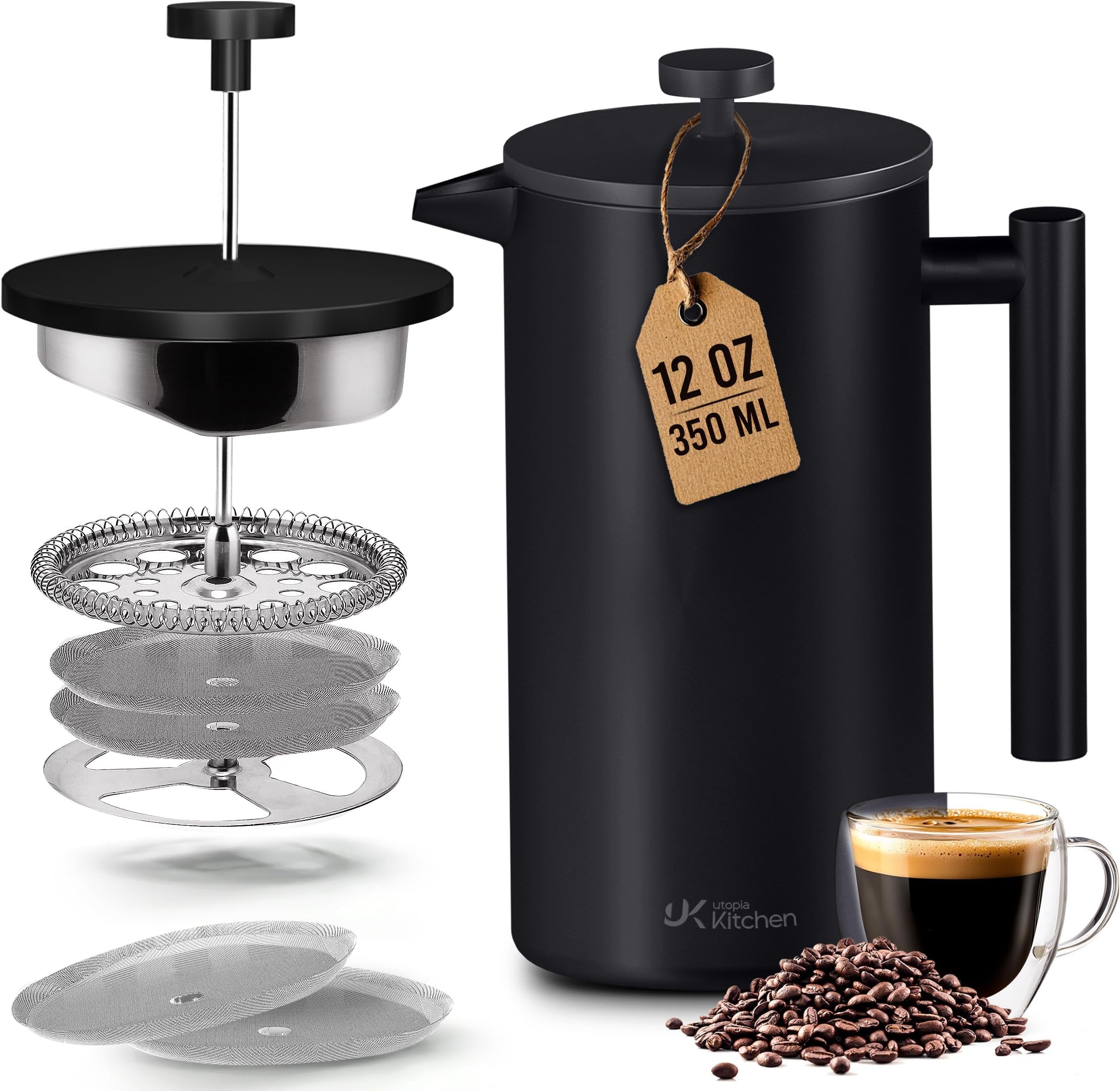 Utopia Kitchen 304 Grade Stainless Steel French Press Coffee Maker 12 Oz, Double Wall Insulated Coffee Press with 4-Level Filtration system, Include 2 Extra Filters, Rust-Free, Black