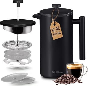 Utopia Kitchen 304 Grade Stainless Steel French Press 12 Oz, Black | Double Wall Insulated Coffee Press with 4-Level Filtration System, Include 2 Extra Filters, Rust-Free, Dishwasher Safe