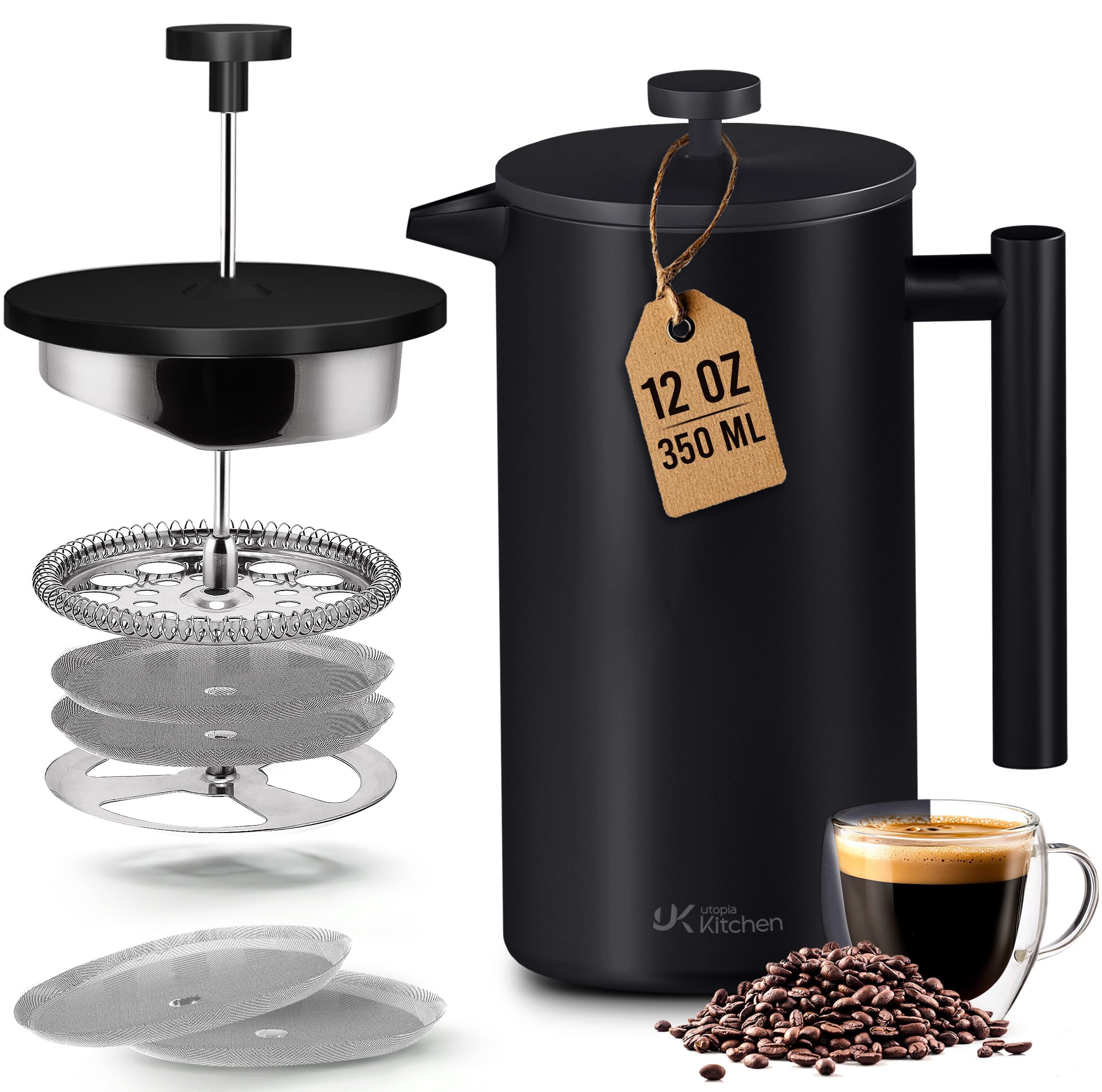 Utopia Kitchen - Cafetière à piston française de 621 ml, double paroi isolée en acier inoxydable avec système de filtration à 4 niveaux, comprend 2 filtres supplémentaires, anti-rouille, passe au