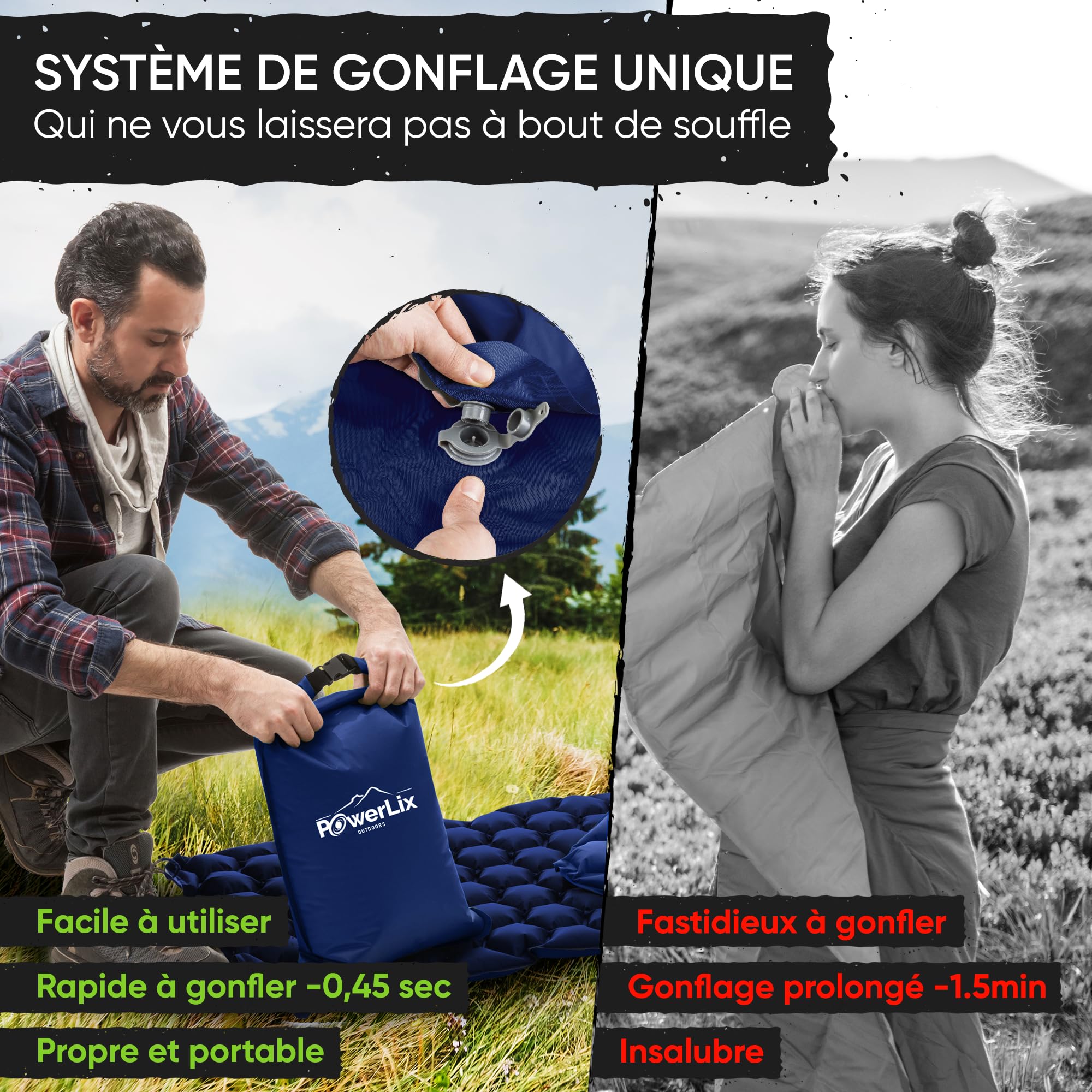 POWERLIX Tapis de Couchage Gonflable Ultra léger, idéal pour Le Camping, Le Sac à Dos, la randonnée – Airpad, Sac de gonflage, Sac de Transport, kit de réparation Bleu Marine