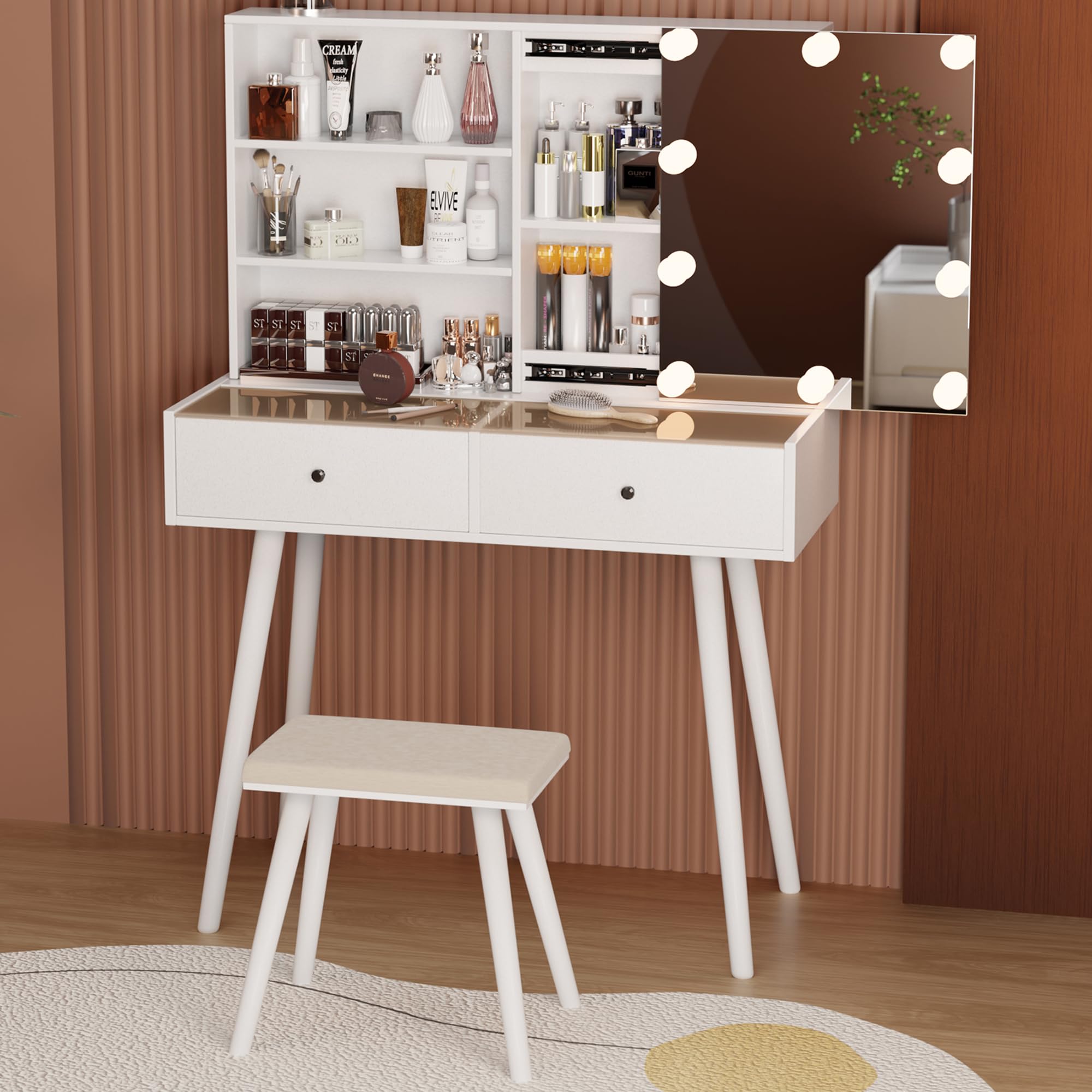 DYHOME White Vanity Desk with Mirror and Lights, Makeup Vanity Organizer with Sliding Mirror, Drawers and Oak Leg Vanity Stool for Bedroom, Bathroom
