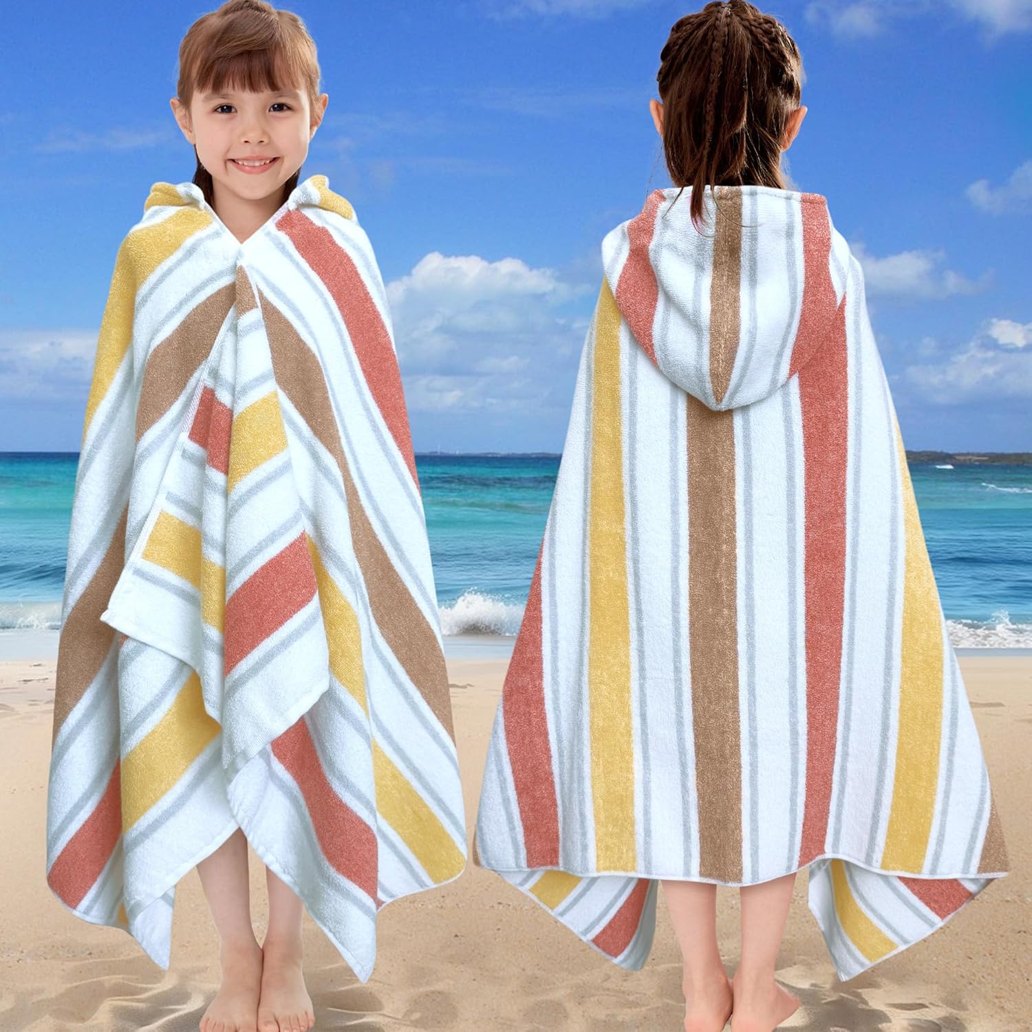 VOOVA & MOVAS Hooded Bath Towels for Kids (3-10Years,27.5"x55"),100% Cotton Absorbent Soft Towel Wrap for Toddler Boys,Perfect for Bathroom | Pool | Beach | Swimming, Jacquard Stripe - Image 7