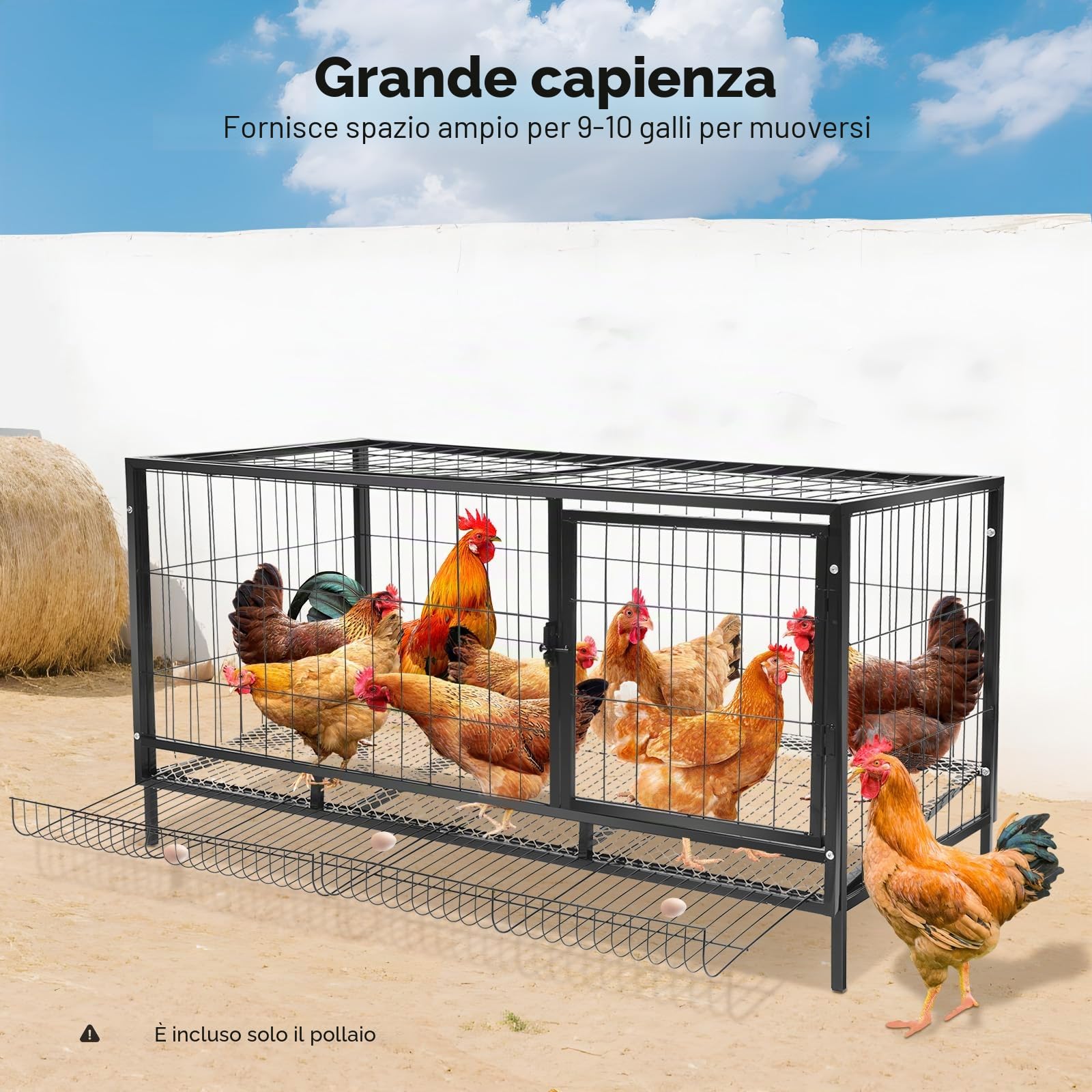 Gabbia per pollame con cassetto per uova, recinto per polli in ferro per 9-10 galli, recinto per polli con finitura antiaderente per interni ed esterni, adatto sia per interni che per esterni