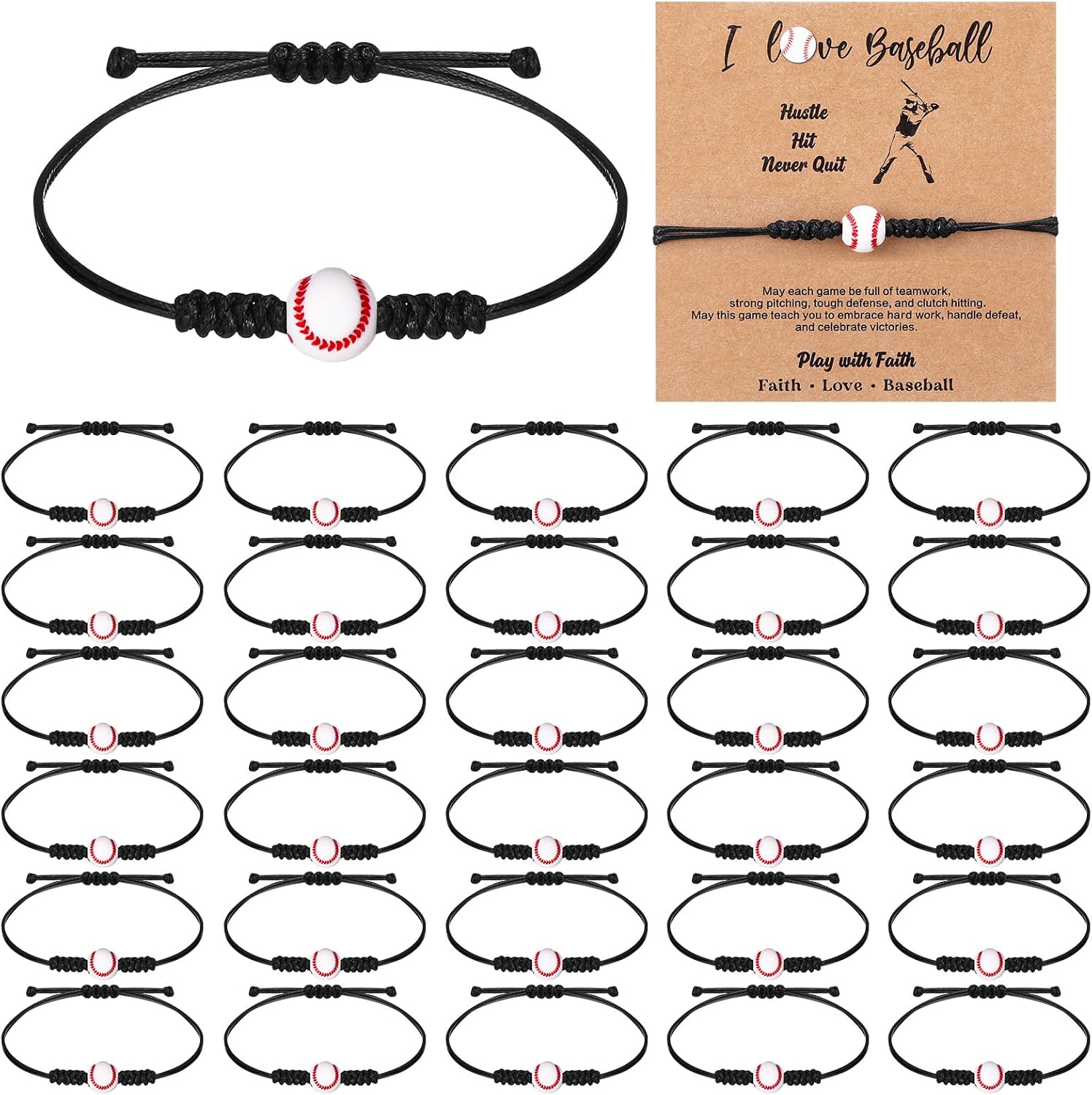 Huquary 30 Sets Sports Party Favors Charm Bracelets Cards | 30 Adjustable Football Volleyball Soccer Baseball Softball Basketball Bead Bracelets Gift for back to school team Sport Lover