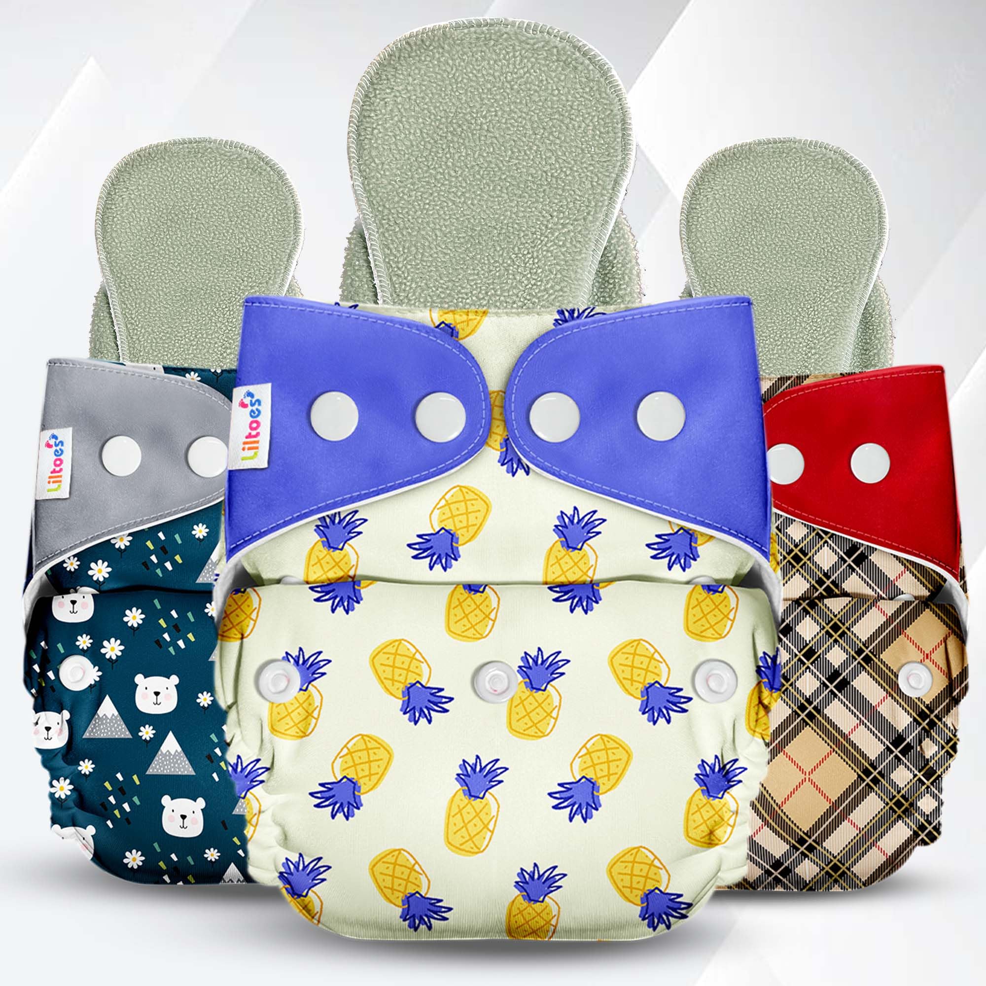 LILTOES Cloth Diapers For New Born Babies 0 to 3 Years | Reusable Premium Cloth Nappies Pack of 3 (3 Cloth Diapers + 3 Inserts) | Ice Polar + Hawaiian Pineapple + Checkered