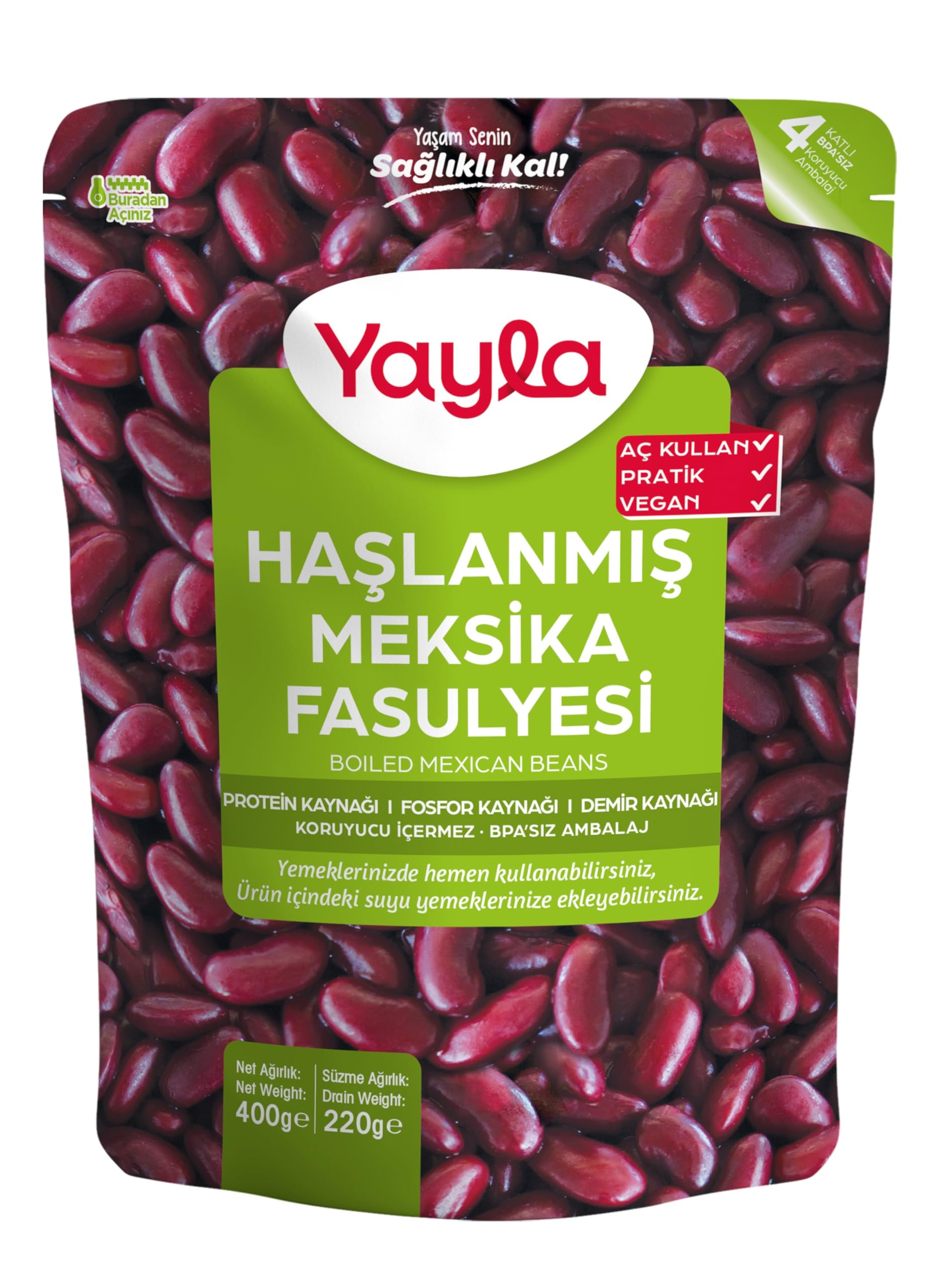 yayla Haşlanmış Meksika Fasulyesi, 400 g Tekli Paket
