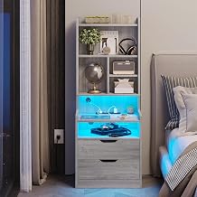 BTHFST Tall Nightstand with Charging Station and LED Lights, LED Gray Nightstand with Drawers and Shelves, Tall Bedside Table with Bookshelf, Side End Table with Storage, Grey