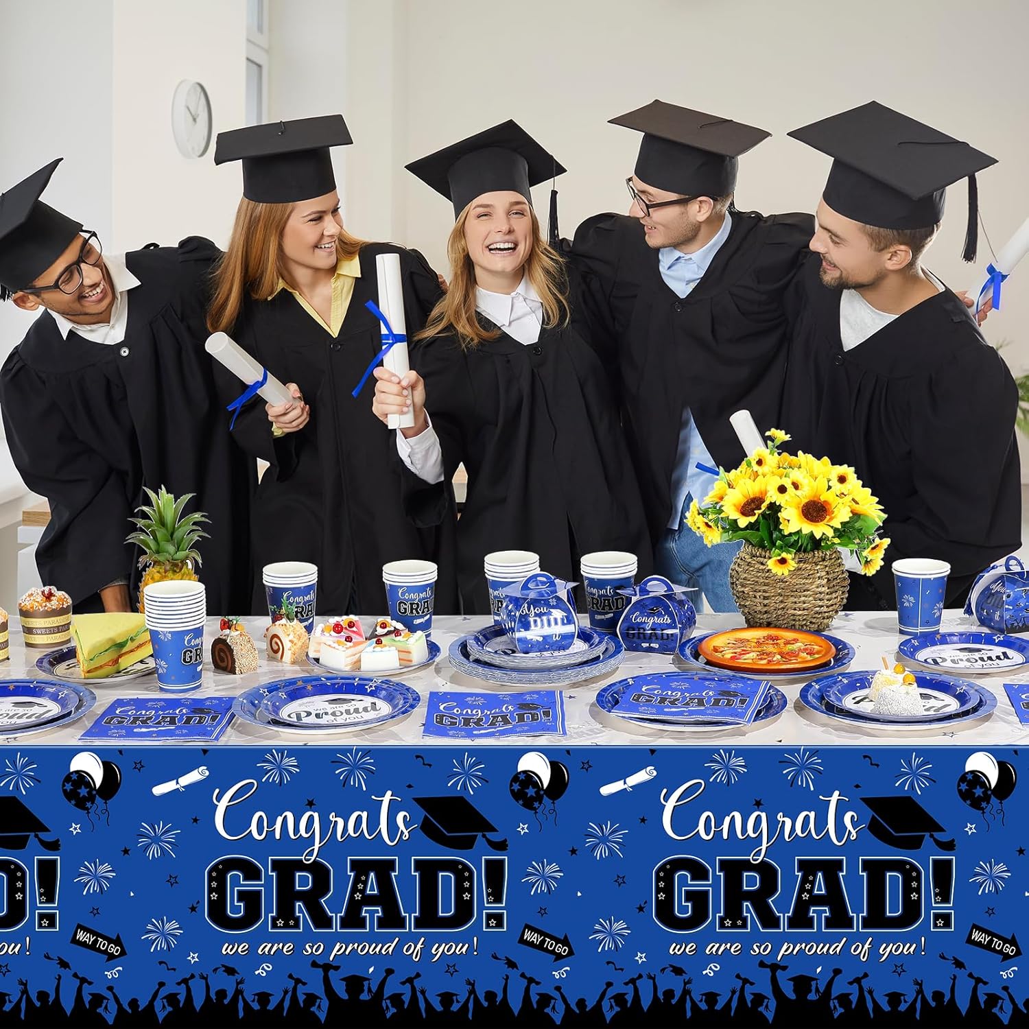Graduation Plates and Napkins Set Serve 50, Class of 2026 Graduation Party Dinnerware Set, Blue Disposable Paper Plates Napkins Banner Tablecloth for Graduation Congrats Grad Party Supplies