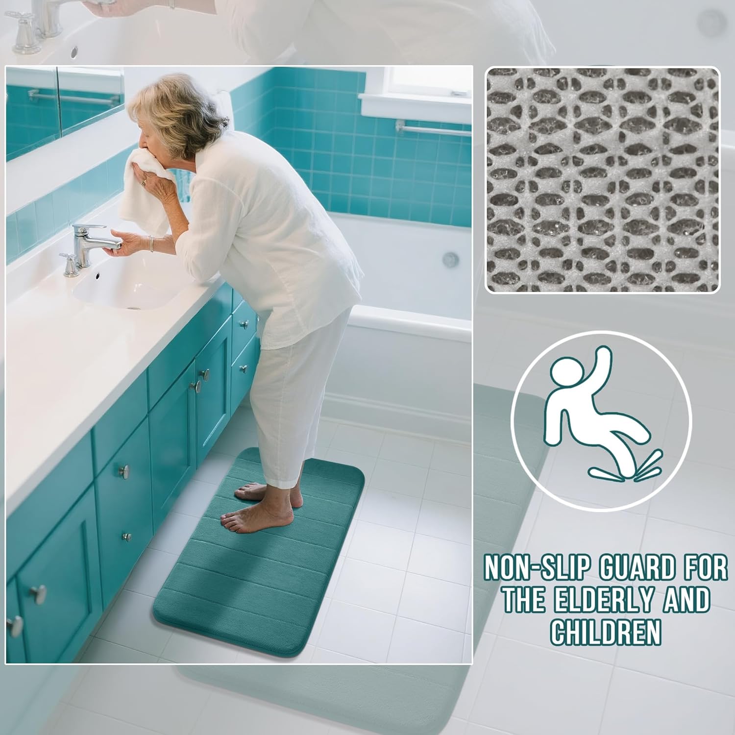 Yimobra U-Shaped Toilet Bath Mat Set 2 Piece - Super Soft Absorbent Quick Dry Memory Foam Bathroom Rugs, Machine Washable Non Slip Floor Carpet for Tub Shower & Single Sink (17x24 & 24x20, Teal) - Image 5