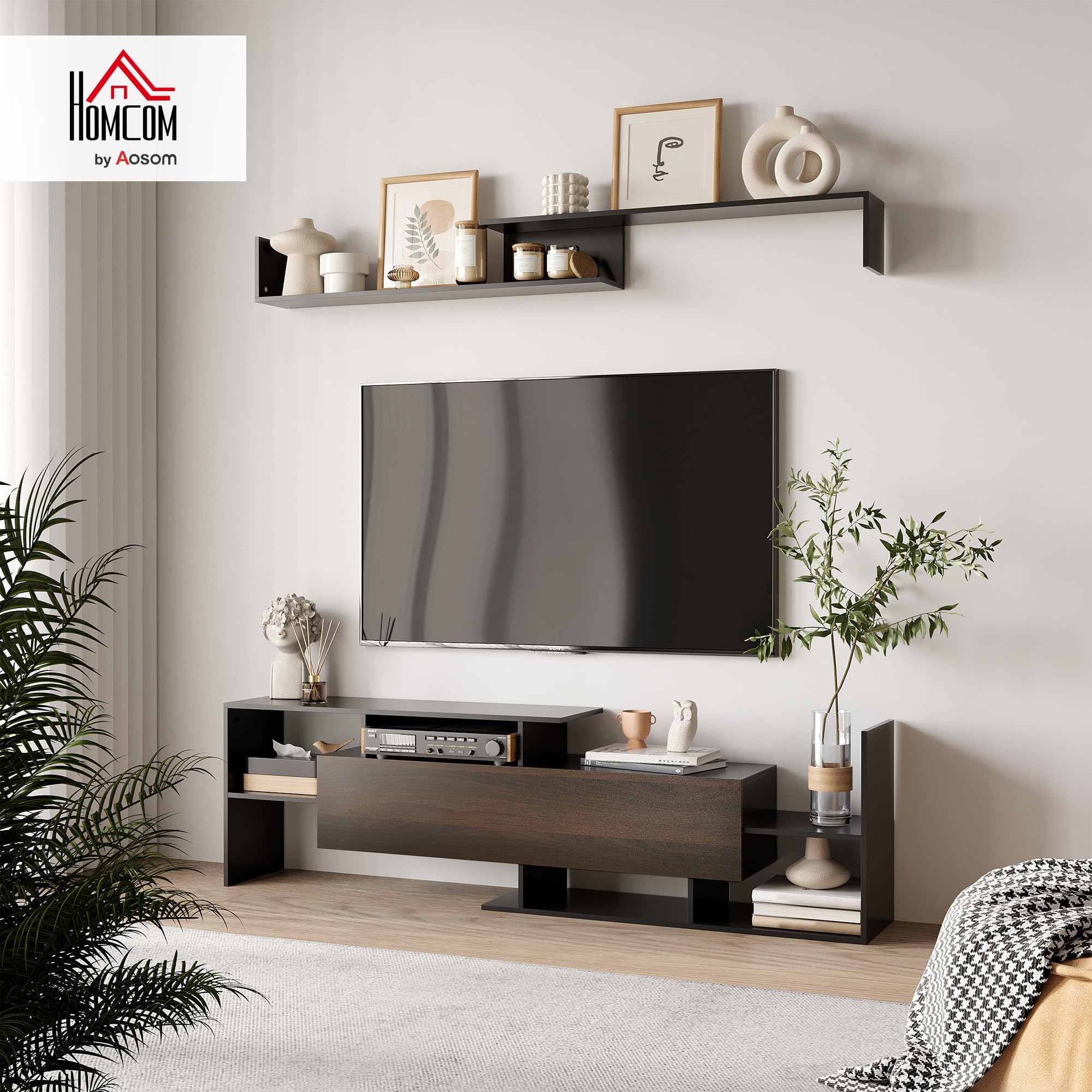 HOMCOM Muebles de Salón Conjunto Muebles de TV para Televisiones de Pared hasta 65" o de Pie hasta 40"con Mesa para Televisor 153,6x25x42 cm y Estante de Pared 150x14,5x16,3 cm Negro y Marrón