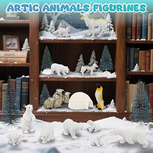 Miniatura 5 de Warmtree Juego de 46 figuras de animales árticos, incluye 22 figuras de animales de pingüino de oso polar, 6 mini pinos, 18 lceberg artificiales,