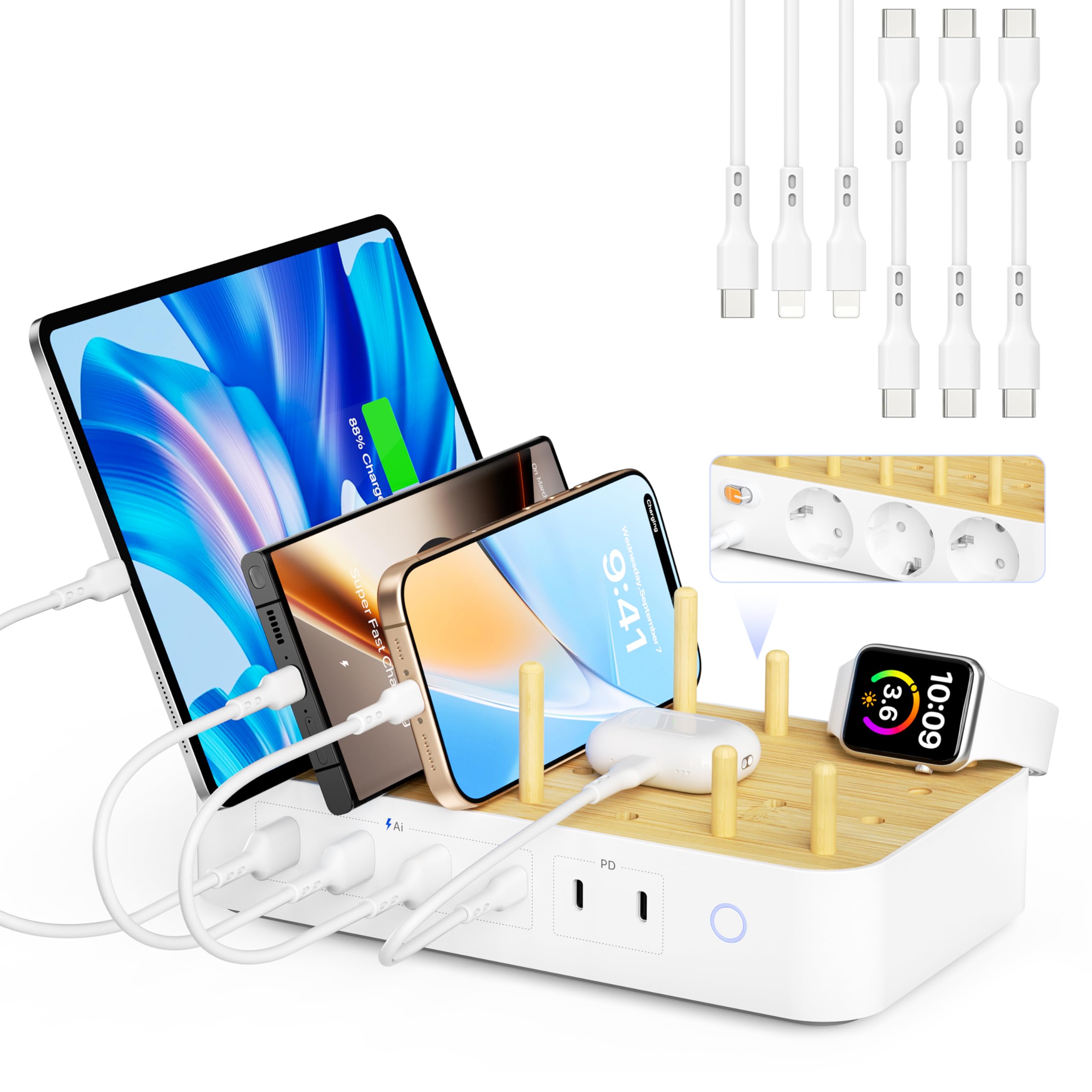 Stazione di Ricarica Bamboo da 60W per Più Dispositivi Con 3 Prese CA, 3 USB-C, 3 USB-A, Cavo di Alimentazione da 2m per IPhone, IPad, Tablet (6 Cavi Misti), Bianco