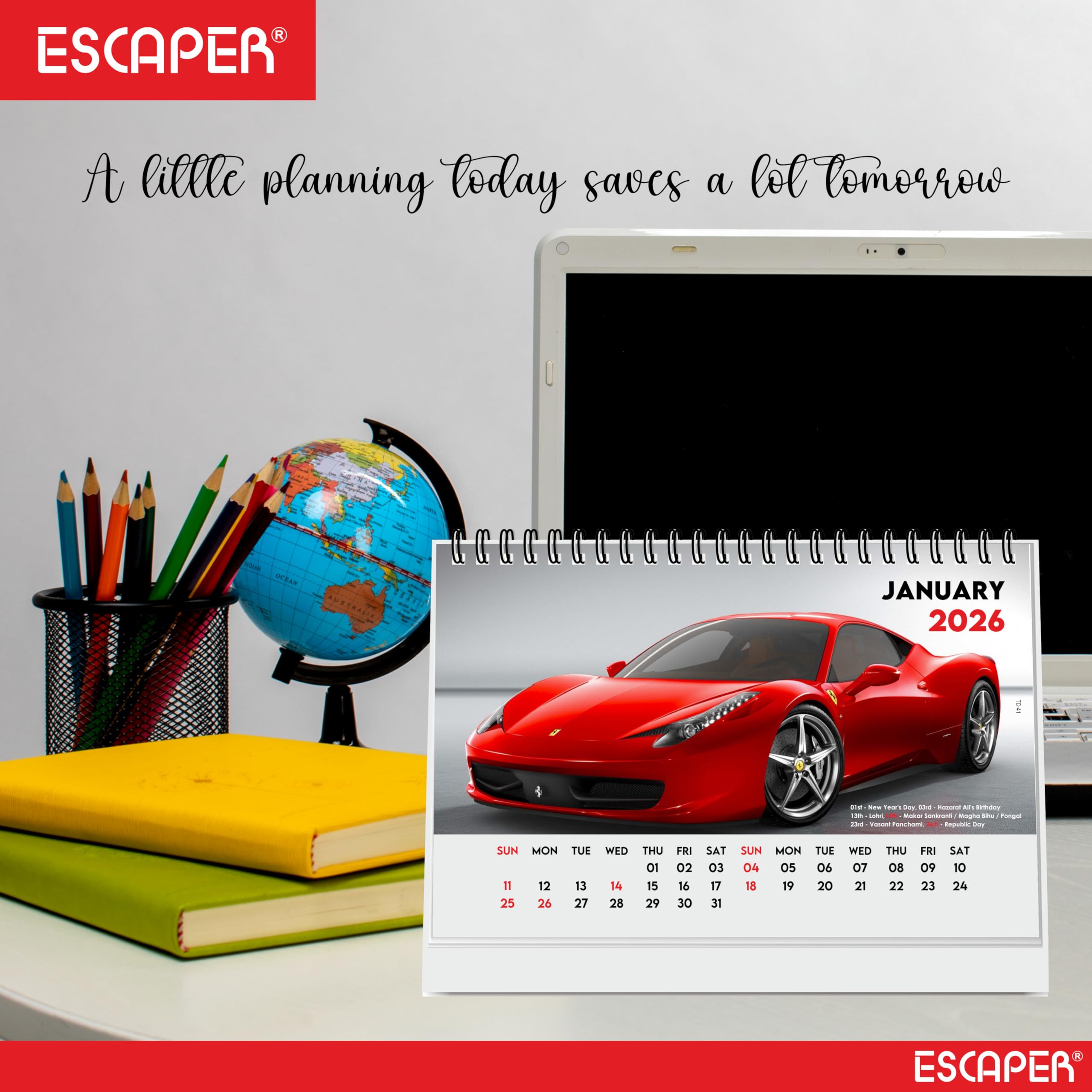 ESCAPER Cars Tischkalender 2026 - A5 Tischkalender mit Sportfahrzeugen, Schreibtisch-Organizer für Büro & Studium, Automobil-Neujahrsgeschenk