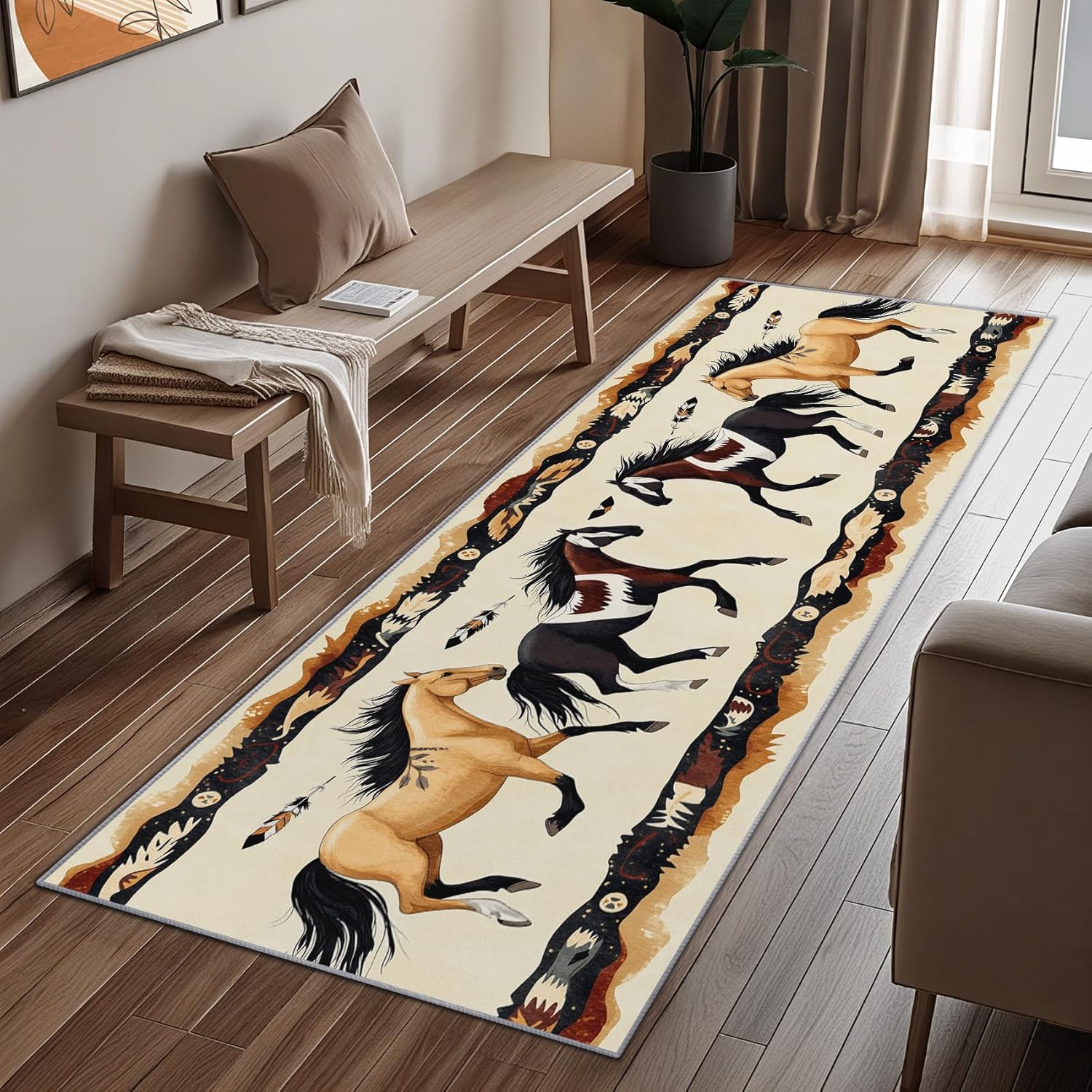 Horse Runner Rug - 2x6 Runner Rug, Southwest Rugs for Bedroom, Western Tribal Area Rugs for Entryway, Running Horse Carpet Washable Non Slip Kitchen Runners - Southwestern Home Decor