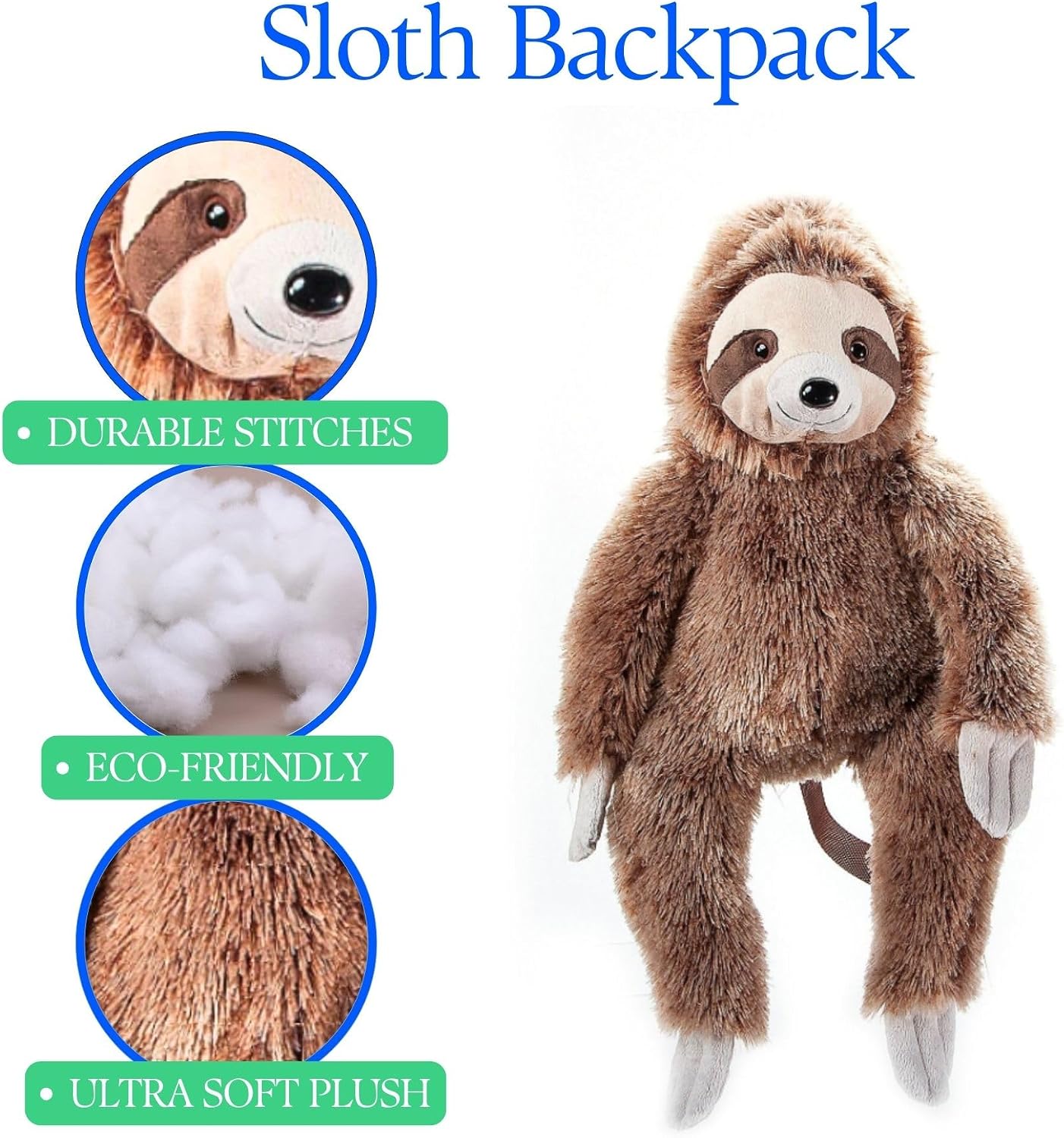 The Petting Zoo Sloth Stuffed Animal Plushie Backpack, Gifts for Kids, Wildlife Animal Toy, Brown Sloth Plush Toy Book Bag, 20 inches