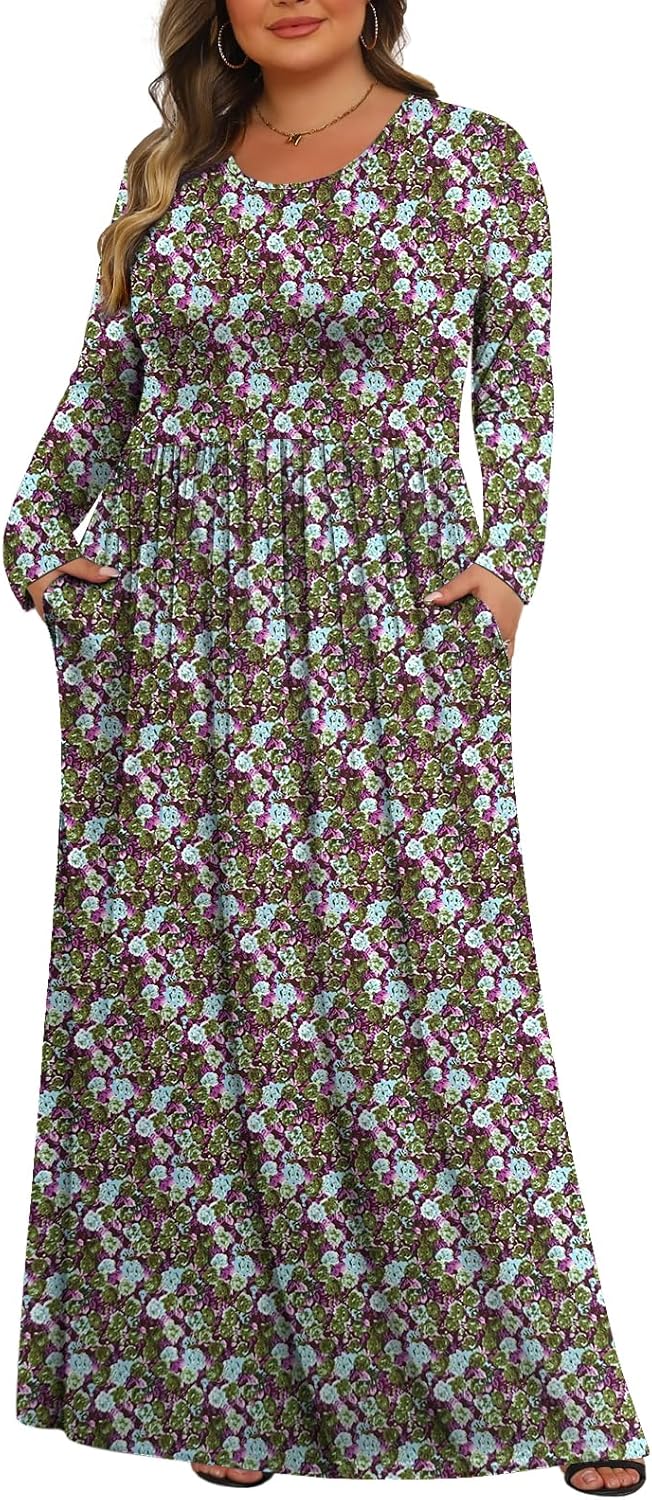 Tencede Womens Plus Size Maxi Dresses Long Sleeve with Pockets Casual Long Dress 1X-5X