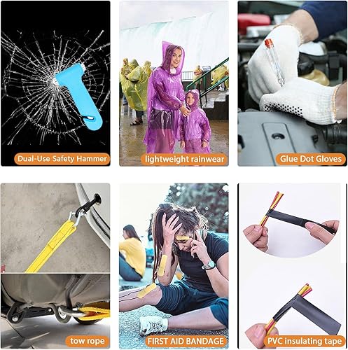 Miniatura 6 de Car Roadside Emergency Kit, with Jumper Cables Automotive Kit,Car Safety Roadside Assistance Kit Headlamp,Tow Straps, Safety Hammers, Rainwear,