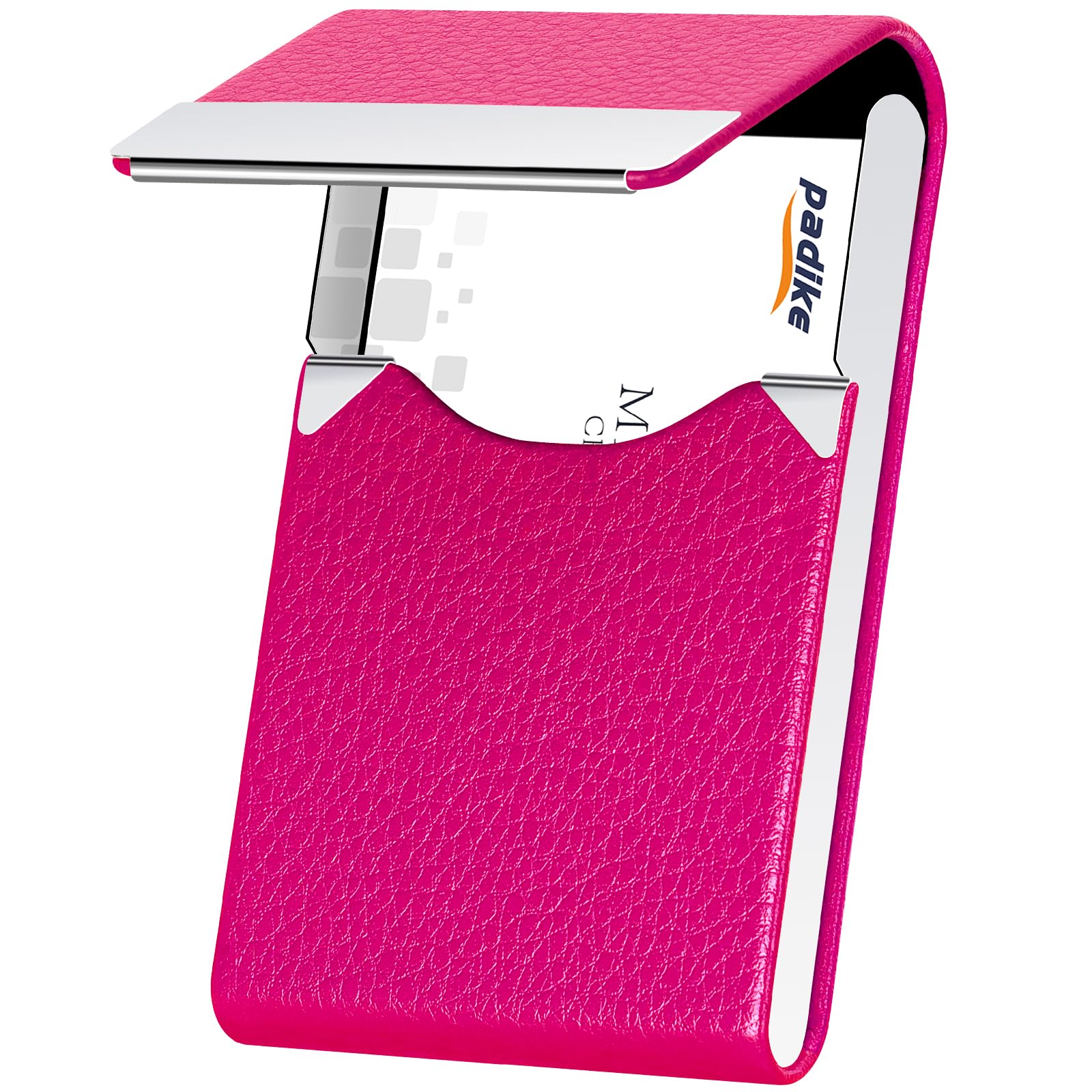 Padike PU Leather Business Card Holder for Women Professional Business Name Card Holder Stainless Steel Business Card Case with Magnetic Shut (Rose red)