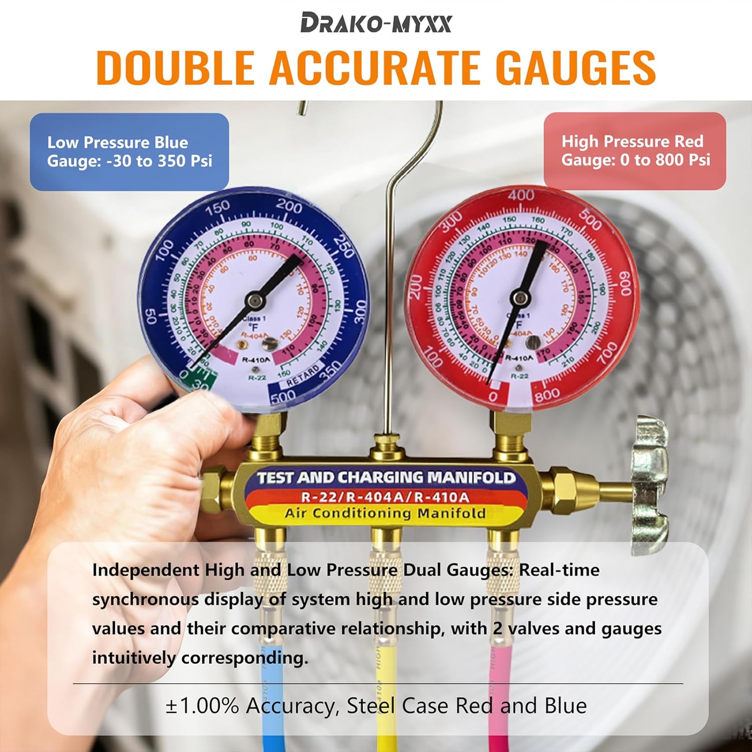 Upgrade 42201 Test & Charging Manifold with 3-1/8" (80 mm) Gauges,60" Refrigerant Hose with Compact Ball Valve,1/4" Standard Flare Fitting,2-Valve,HVAC Manifold for R-22/404A/410A,Yellow/Red/Blue