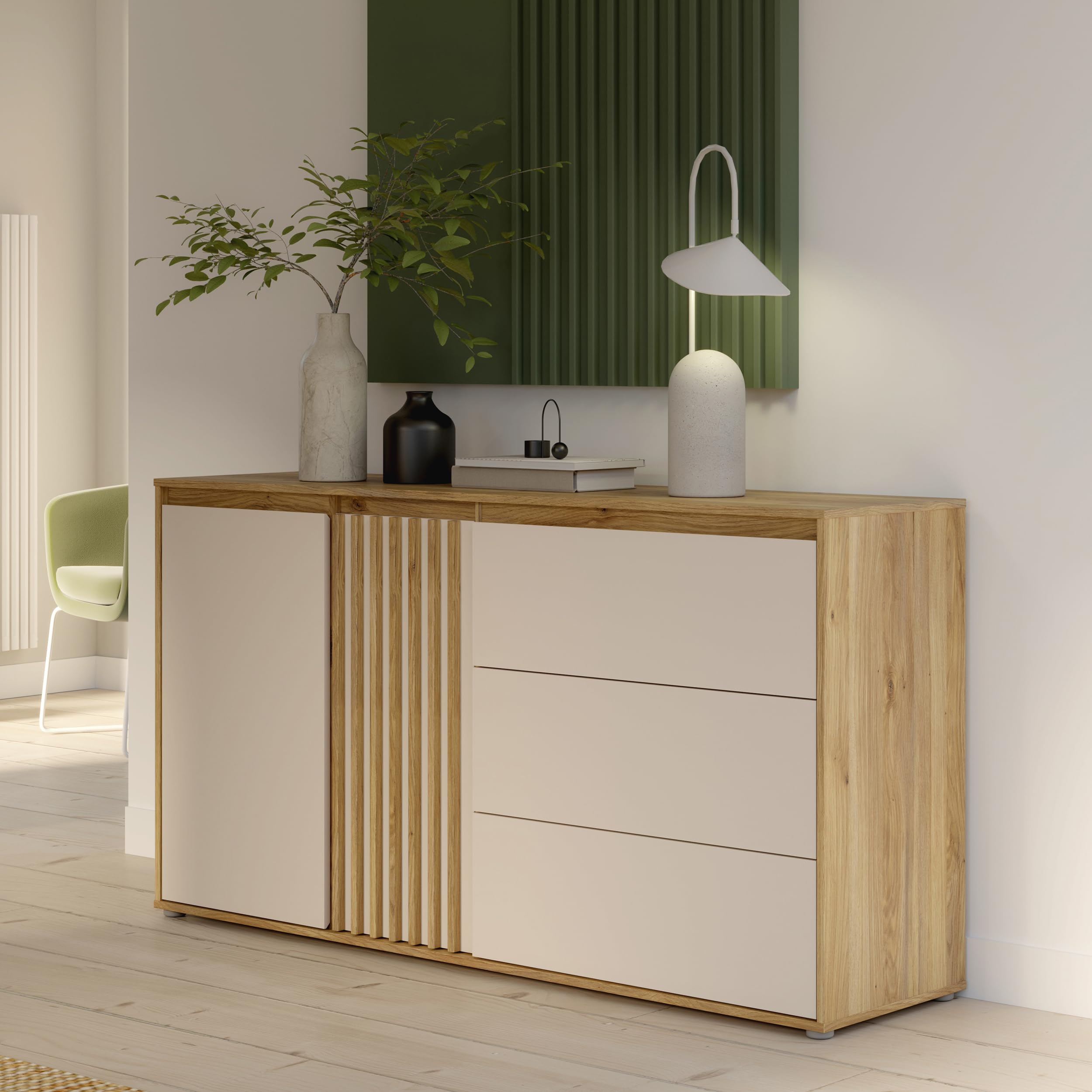 Forte ELISTON Kommode 160, modernes Sideboard mit Lamellendesign, 2-türig, 3 Schubladen, Wohn-/Schlafzimmer, Mauvella Eiche Holzdekor|Kashmir Beige, 159,3 cm breit x 84,9 cm hoch x 41,5 cm tief