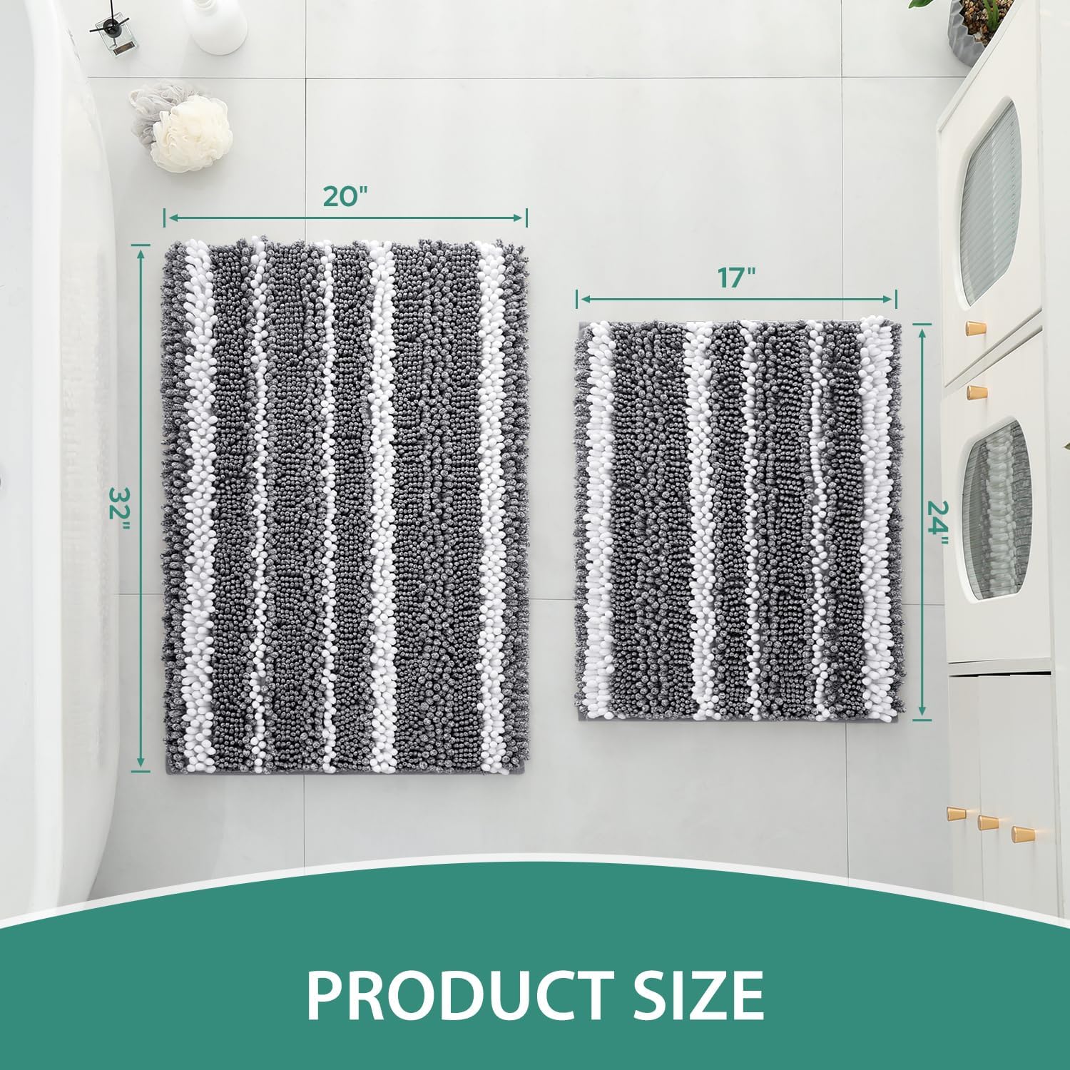 HOMEIDEAS Chenille Bathroom Rugs Sets 2 Piece, Cationic Dyed, Extra Soft Shaggy Absorbent Non-Slip Bath Mats, Machine Washable (32"x20"+24"x17", Dark Grey) - Image 2