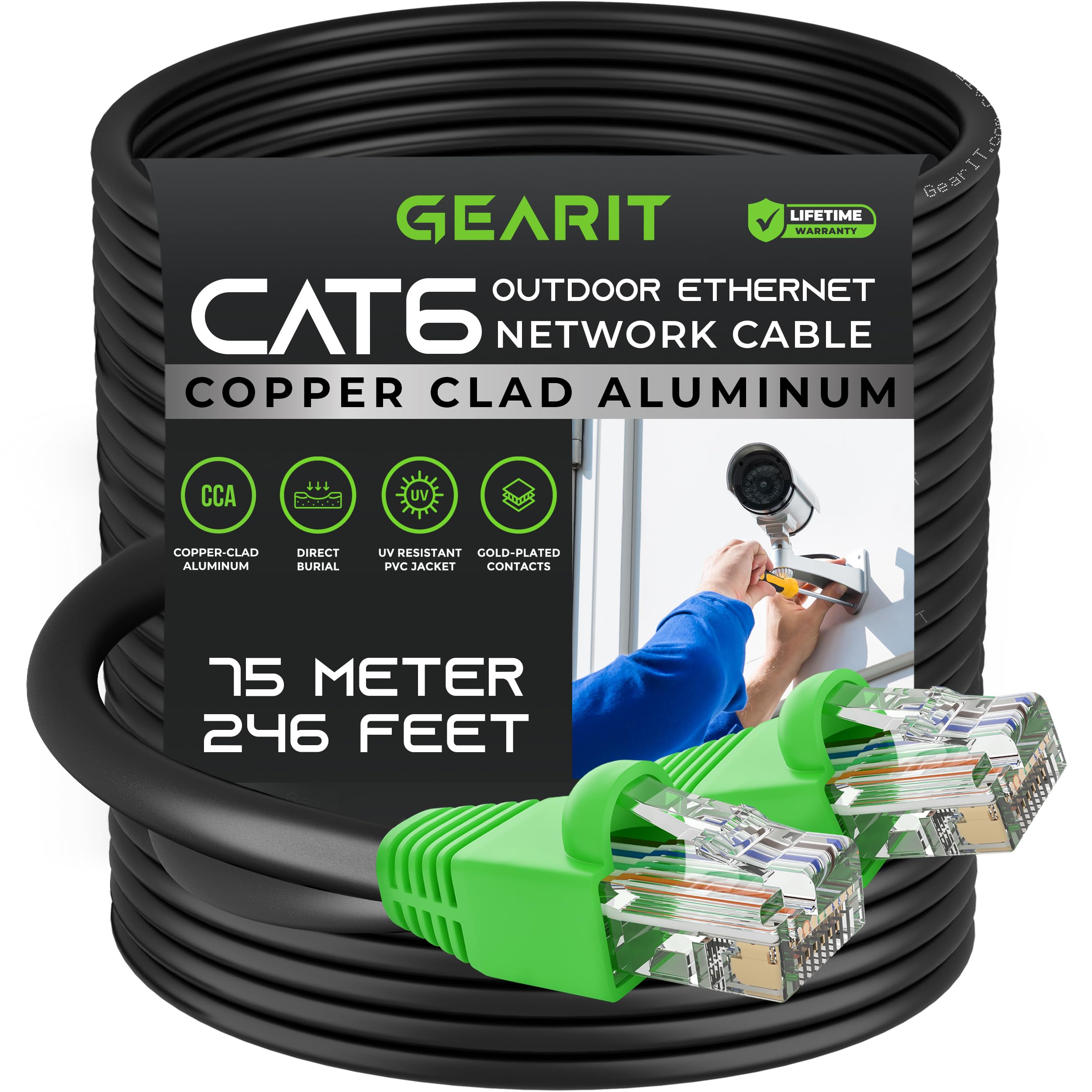 GearIT Cavo Ethernet Cat6 per esterni (75 metri) CCA rivestito in rame, impermeabile, sepoltura diretta, interramento diretto, rivestimento UV, POE, rete, Internet, cavo Cat 6, Cat6, 75 m