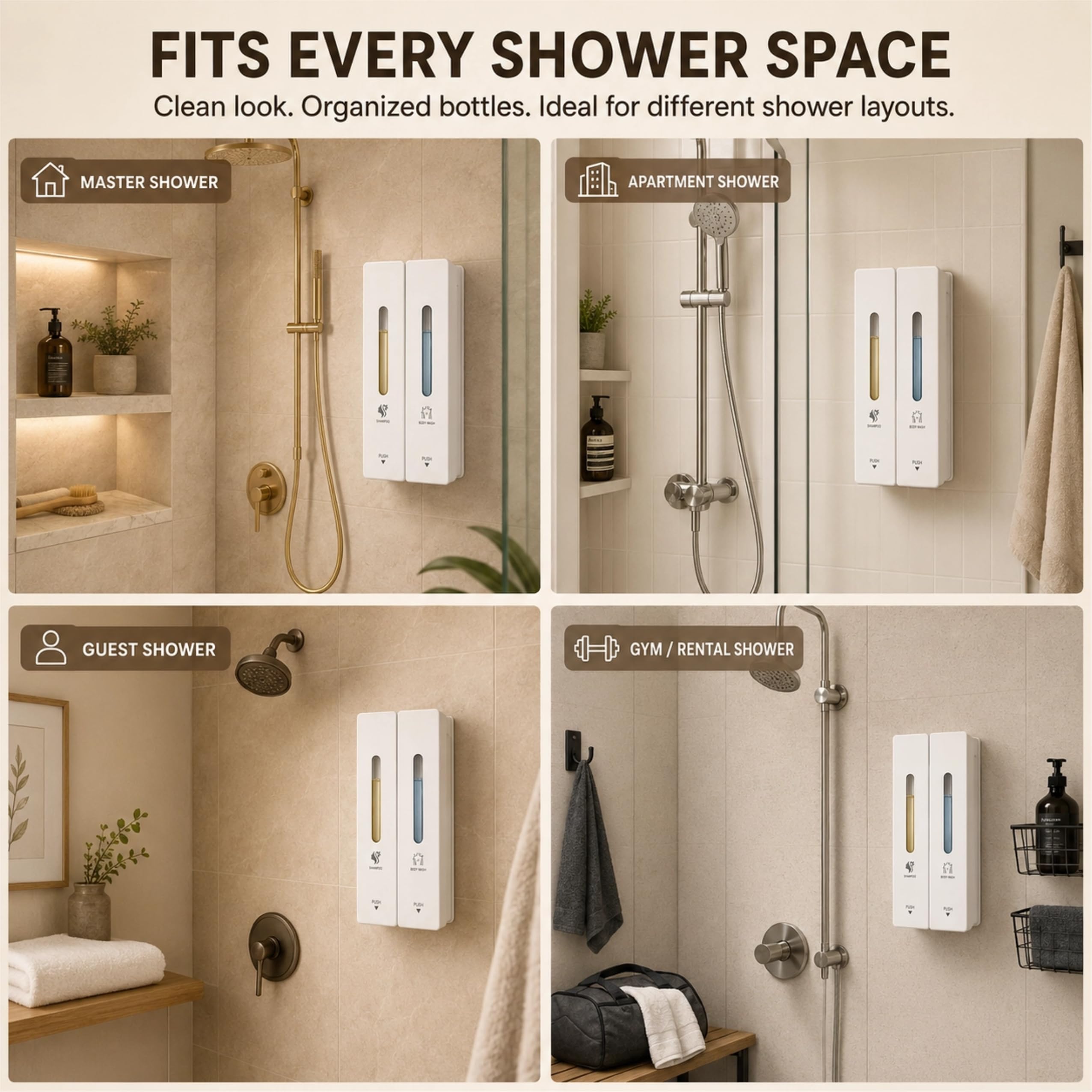 Dispensador Jabón Baño Pared Sin Taladro, Dosificador Gel Ducha y Champú 400/800/1200 ML con Botón Ancho, Plástico ABS Antioxidante (Botón Grande-Nuevo Blanco Mate 2 Compartimentos)