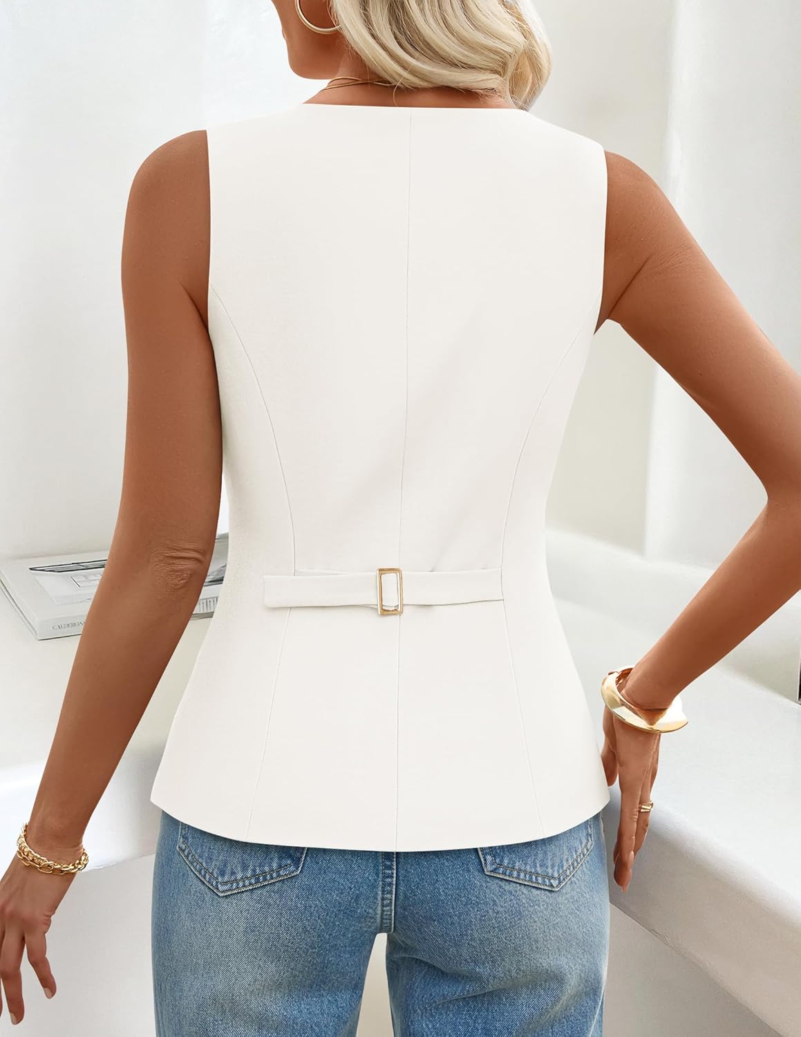 ZESICA Womens Summer Sleeveless Suit Vest Tops 2026 Square Neck Button Down Vests Business Casual Work Blazer Waistcoat - Image 5