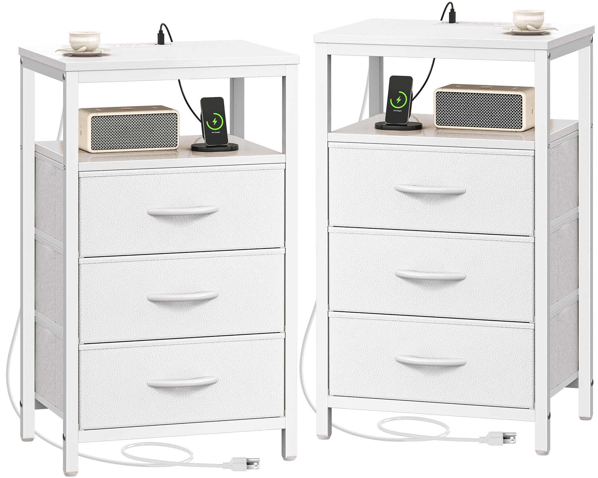 Huuger Nightstands Set of 2, 27.6 Inch End Tables with Charging Station, Bedside Tables with Drawers, PU Leather Finish, USB Port and Outlet, Night Stands for Bedroom, White