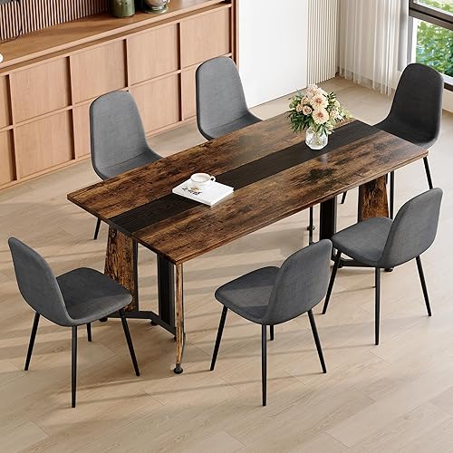 Miniatura 23 de Juego de mesa de comedor para 6, mesa de comedor de mármol blanco de 71 pulgadas con amplio espacio para las piernas y sillas de comedor de cuero
