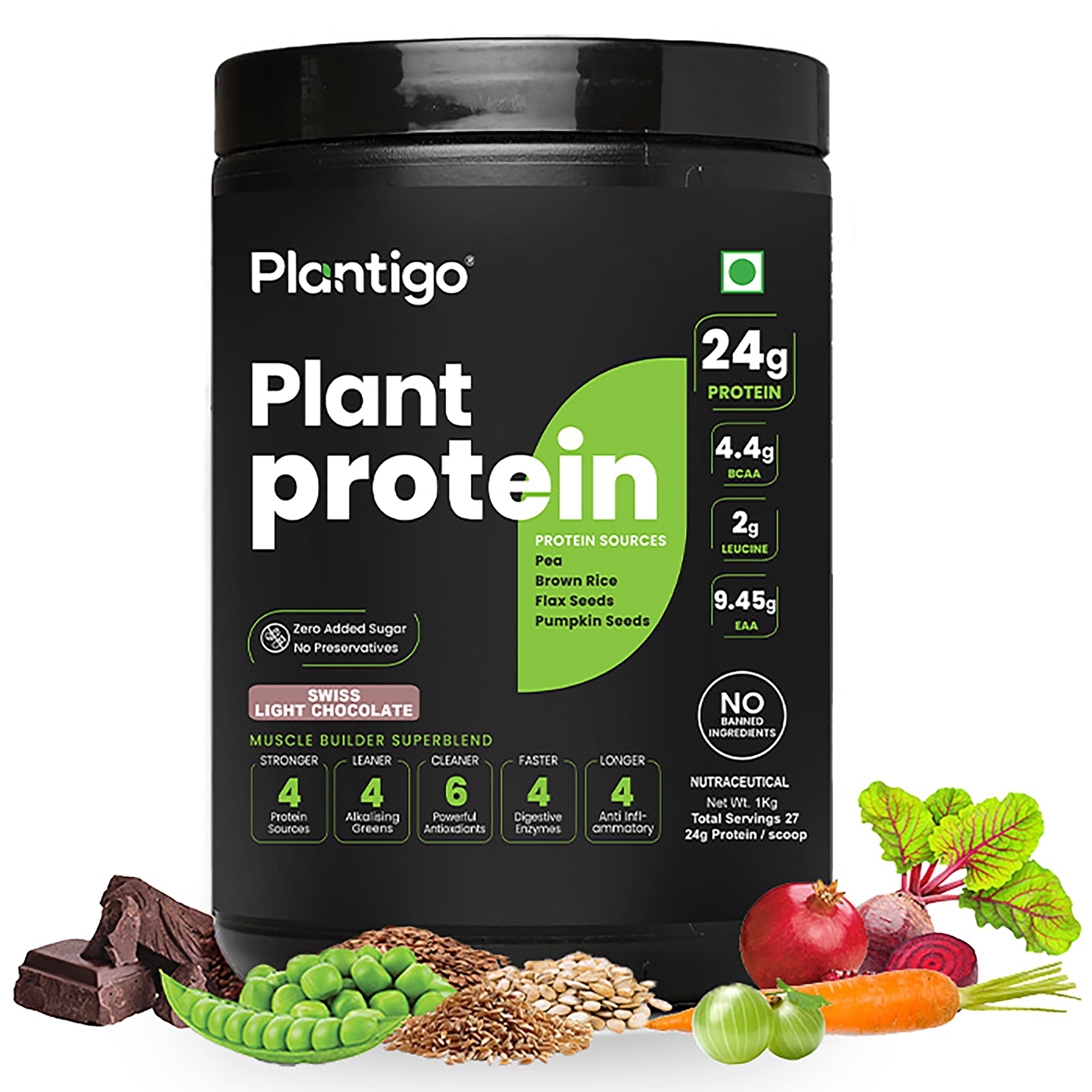 Plantigo Plant Protein Powder for Men, Women | 24g Clean & Green Pea Protein Isolate, 4.4g BCAA, 4g Fiber, 2g Leucine, All Amino Acids, 4x Fast Digestion, 95% Absorption, Swiss Chocolate 1kg