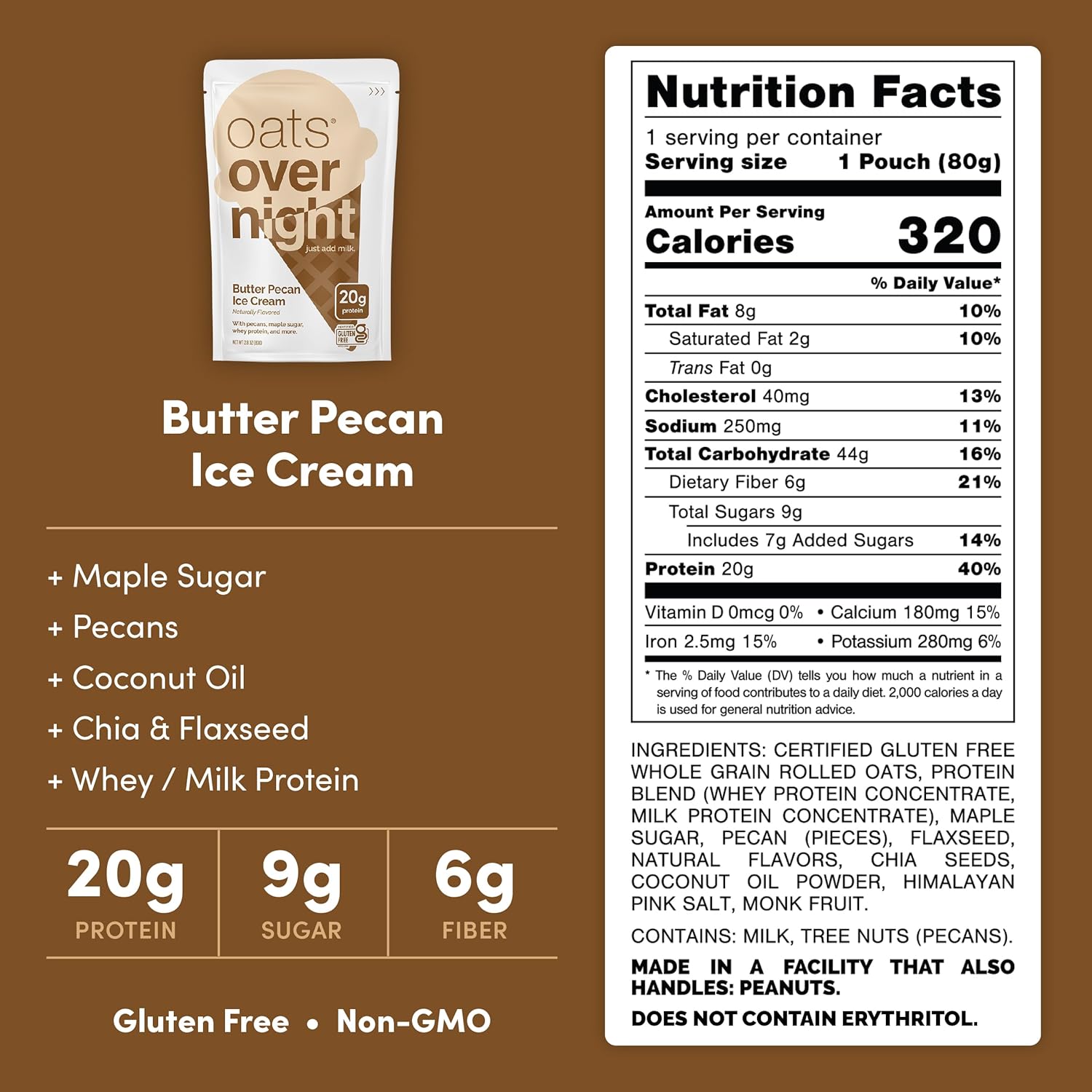 Oats Overnight Butter Pecan Ice Cream - Overnight Oats with 20g Whey Protein, High Fiber Breakfast Protein Shake - Gluten Free Oatmeal, Non GMO High Protein Oatmeal (2.8 oz per Meal) (16 Pack)