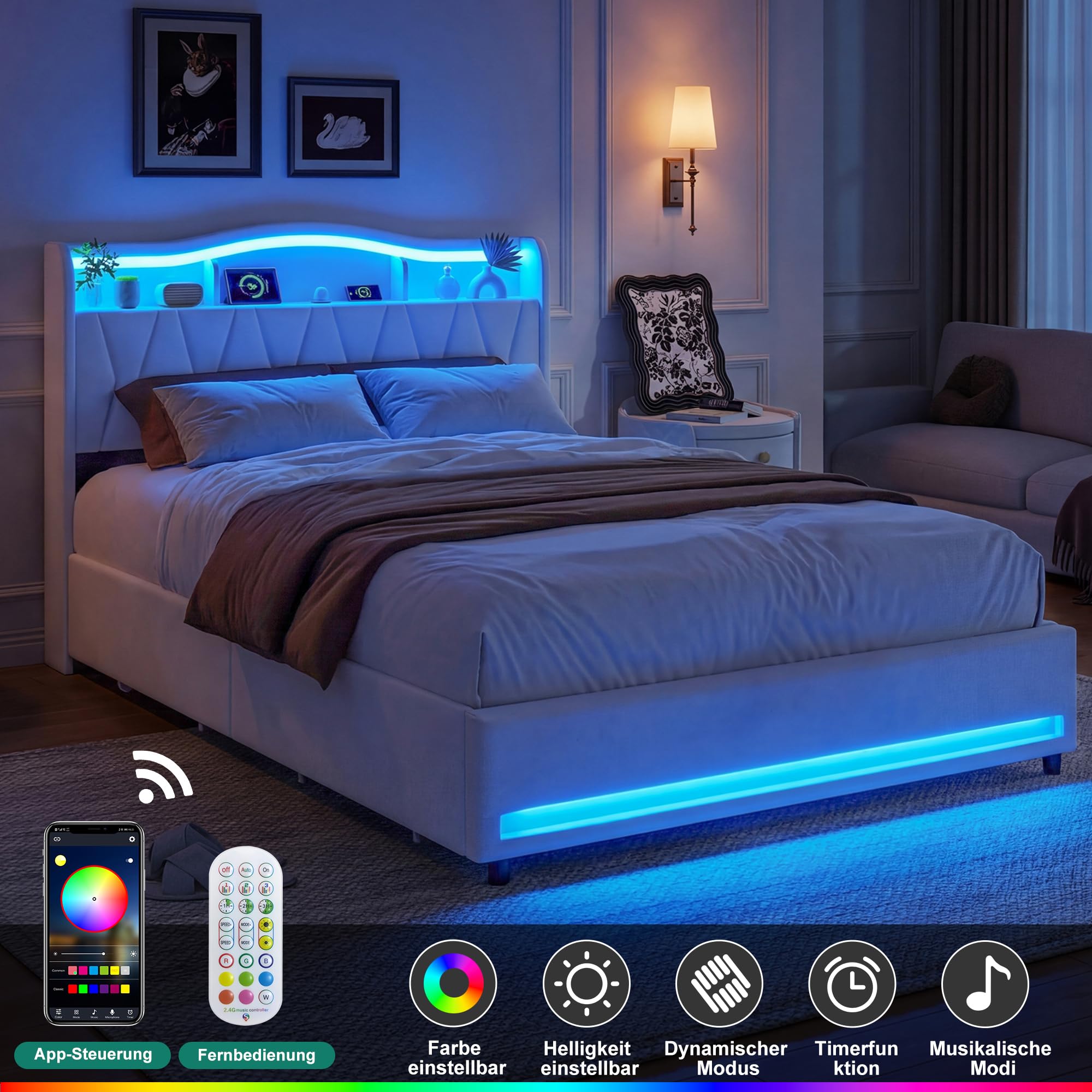 BRILVERDE Polsterbett 160x200 mit Stauraum Schublade, Doppelbett mit LED und USB, Jugendbett mit Kopfteil, Bettgestell mit Lattenrost, Stauraumbett, Samt (Beige, 160 x 200 cm)