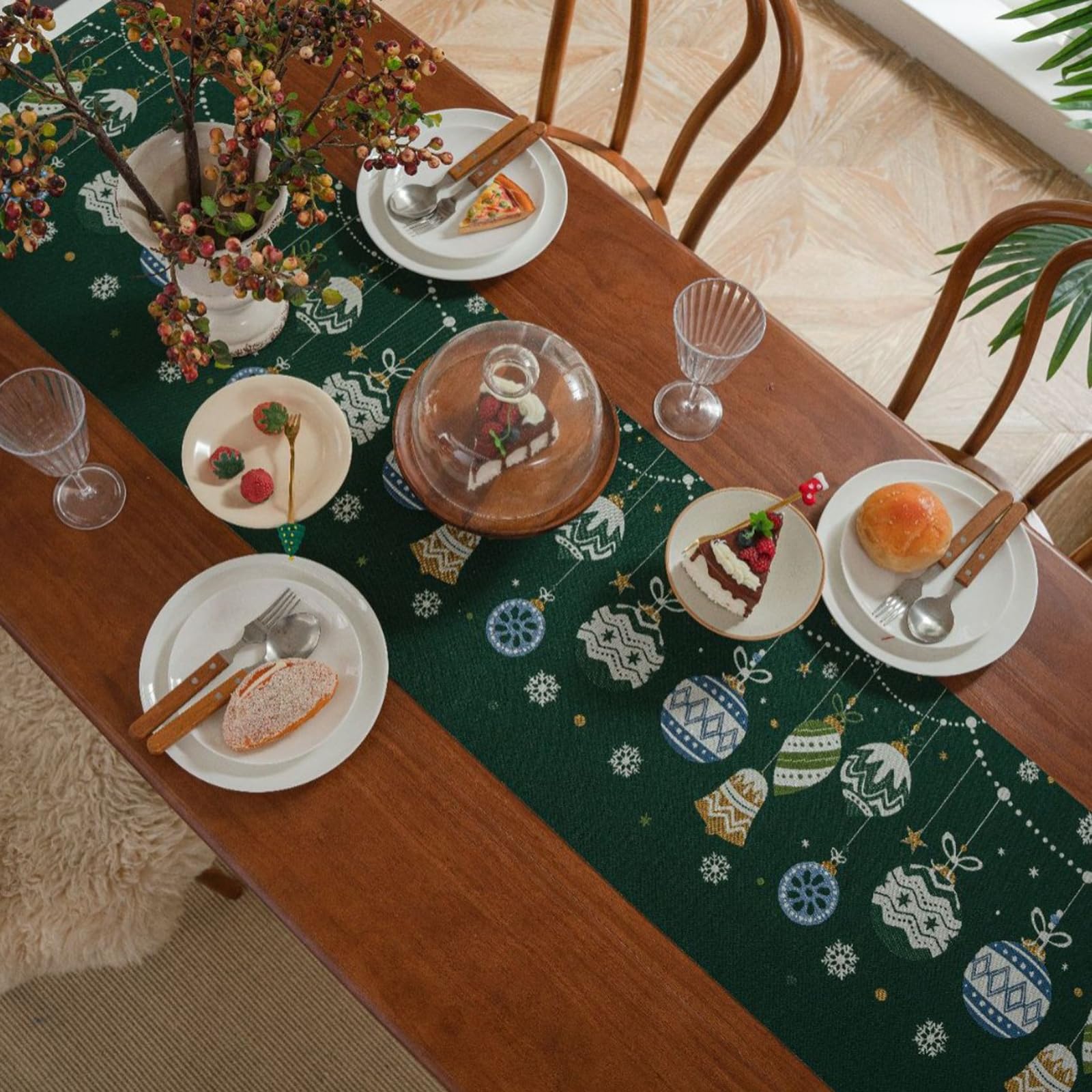 Runner da Tavolo Poliestere 35x275 cm, Runner da Tavola Moderno Lavabile Motivo Palline di Natalizio Jacquard con Nappe Decorazioni Matrimonio Tavoli per Cucina, Verde