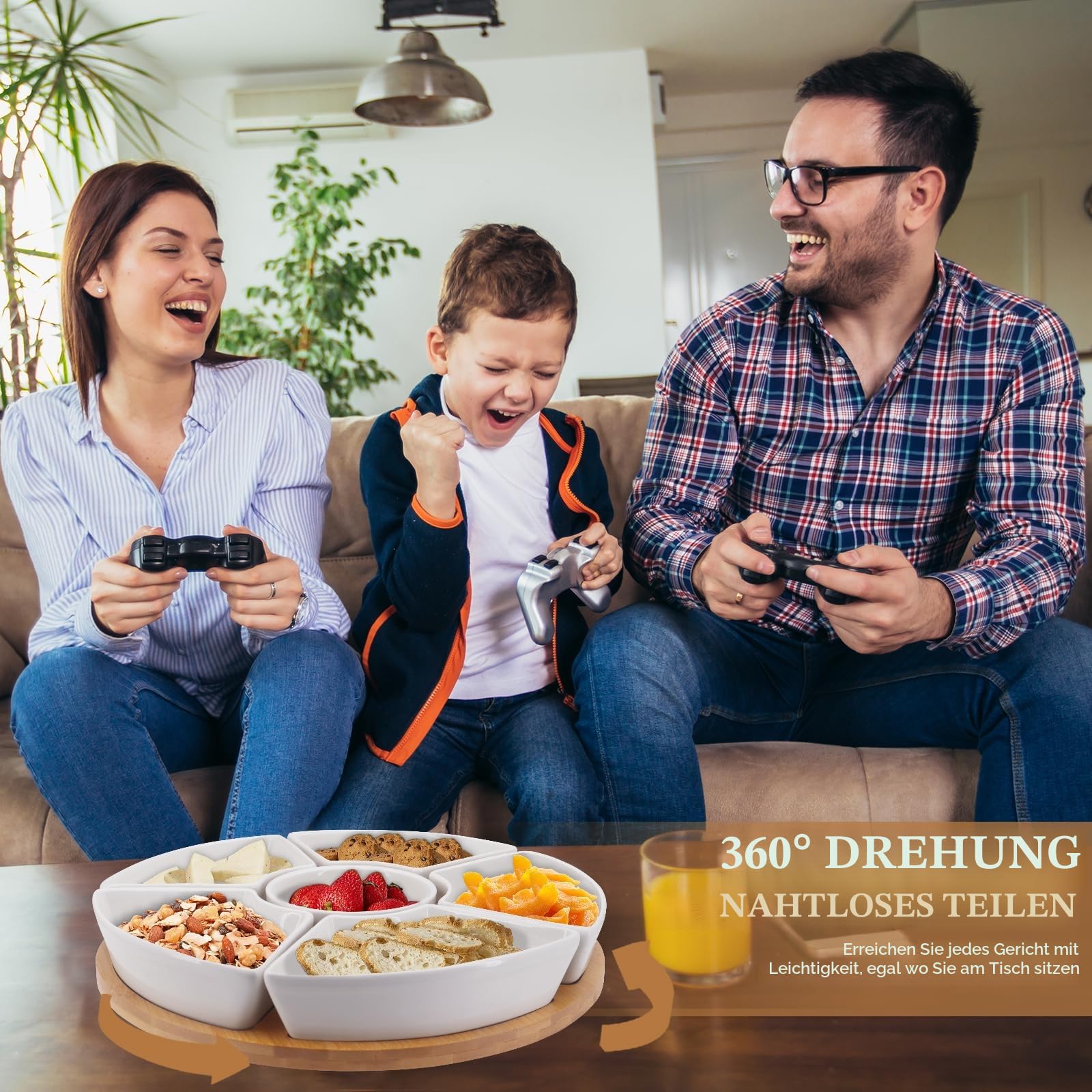 Drehbares Dip-Set,Lazy Susan Dip Set,Snackteller,Keramik Serviertablett mit Bambusplatte,geteilte Servierplatte mit 6 Schalen aus weißem Porzellan, für Vorspeisen, Obst,Süßigkeiten