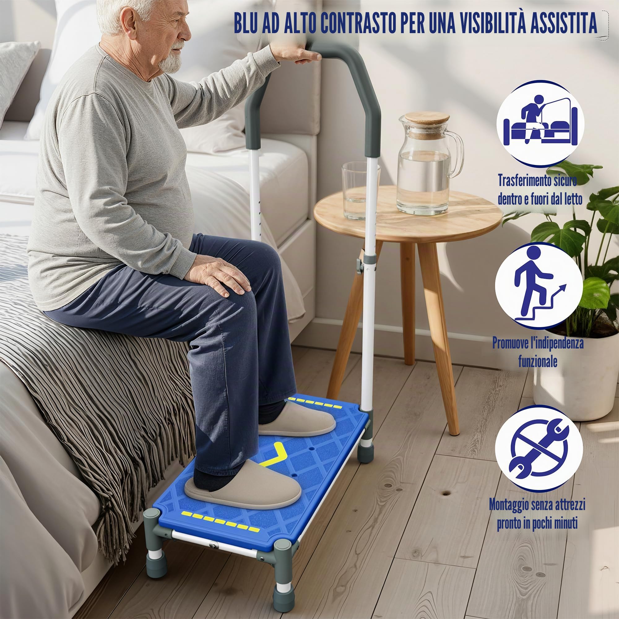 Sgabello Gradino con Pedata 55 cm – Braccioli regolabili in altezza,portata 225 kg,strisce luminescenti e antiscivolo –Ideale per letti alti,camper,cucina,bagno e anziani