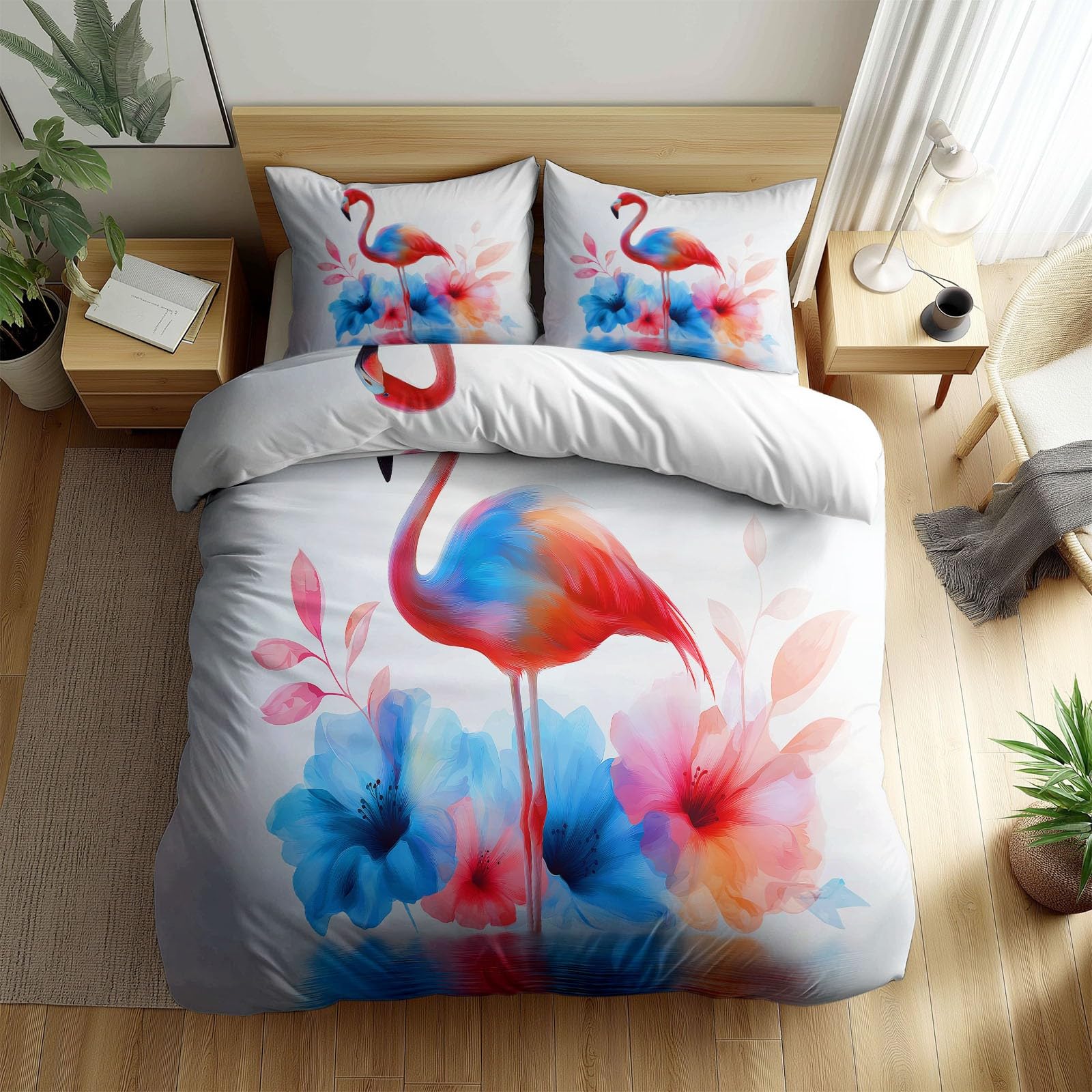 Parure de Lit 1 Personne Flamant Rose Aquarelle Blanche en Microfibre Douce de Qualité